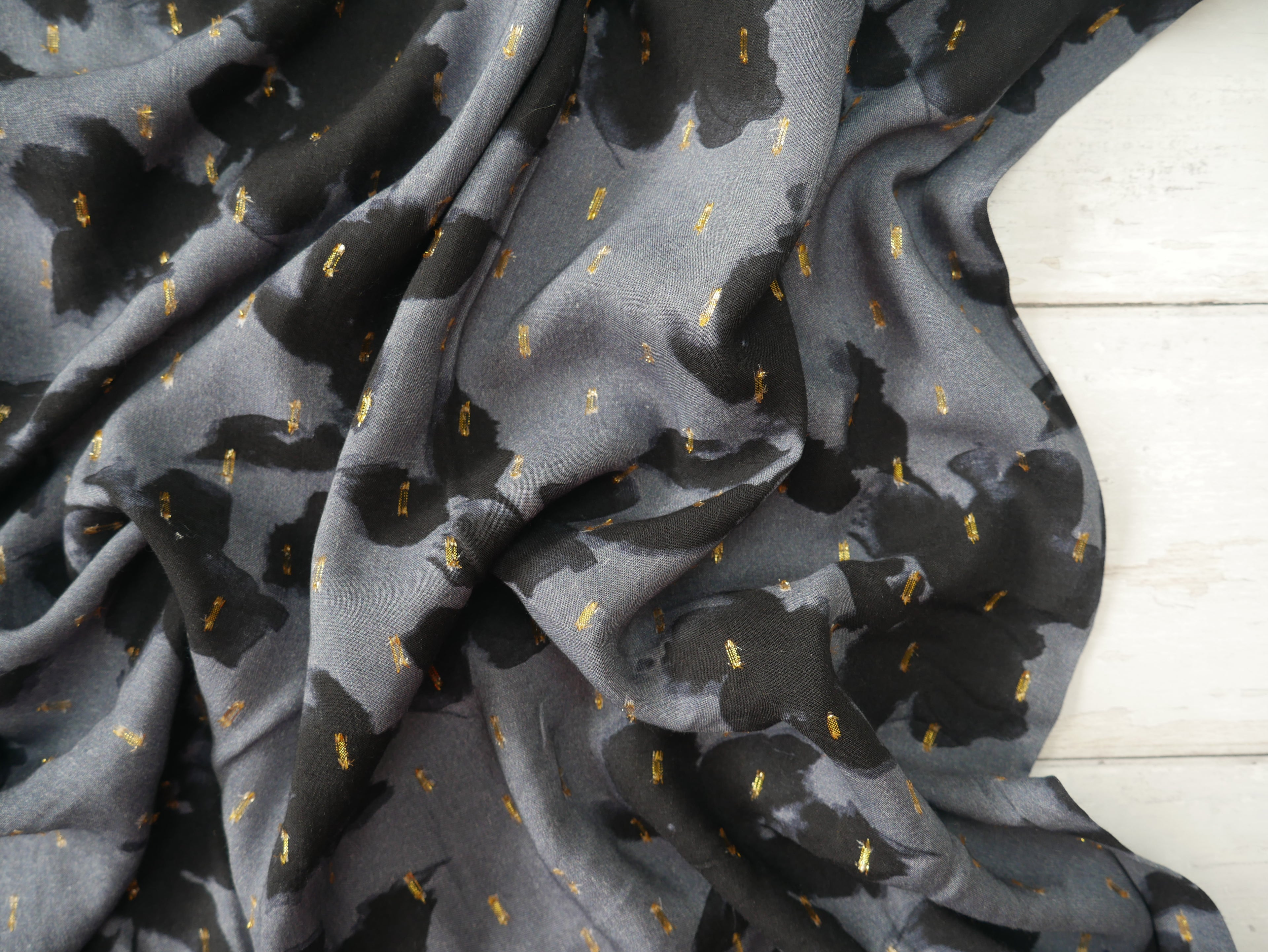 Digital Floral Viscose with Gold Flecks in Blue, £15.00 p/m-Viscose-Flying Bobbins Haberdashery