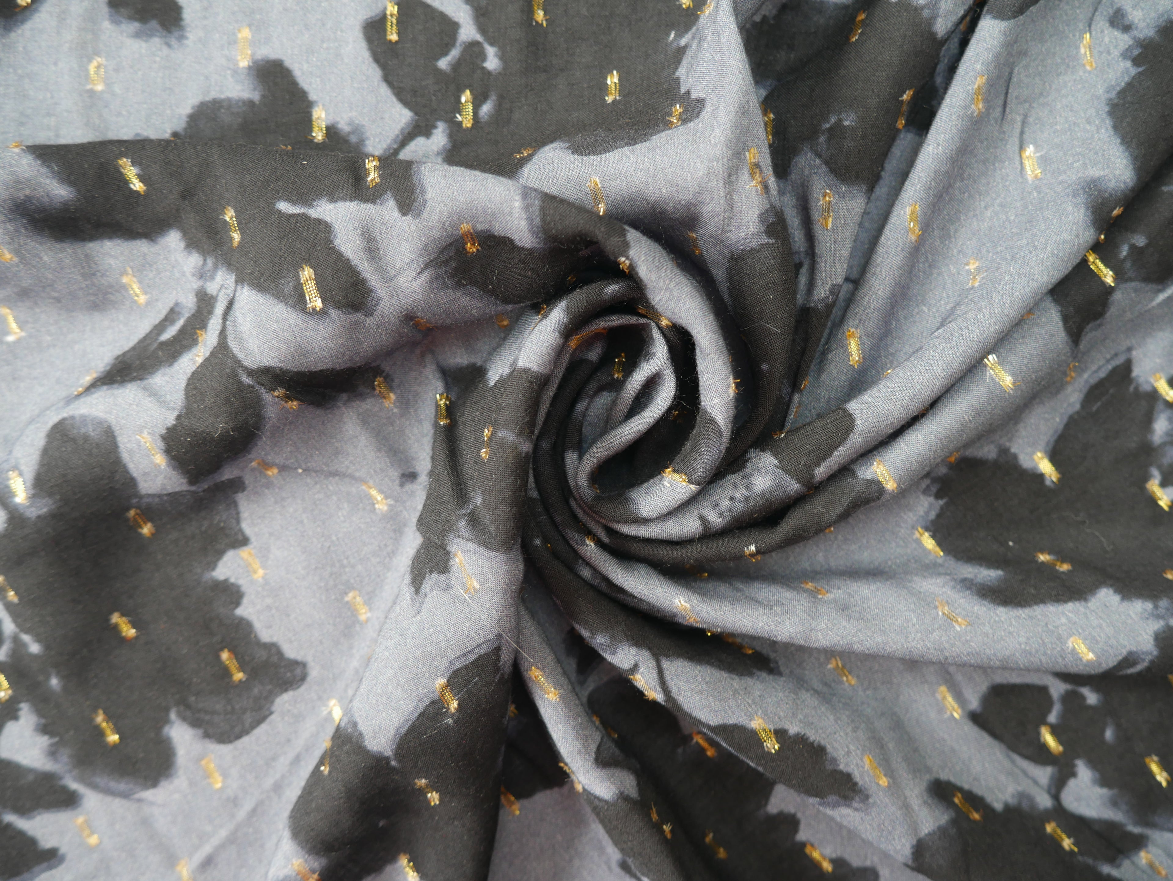 Digital Floral Viscose with Gold Flecks in Blue, £15.00 p/m-Viscose-Flying Bobbins Haberdashery