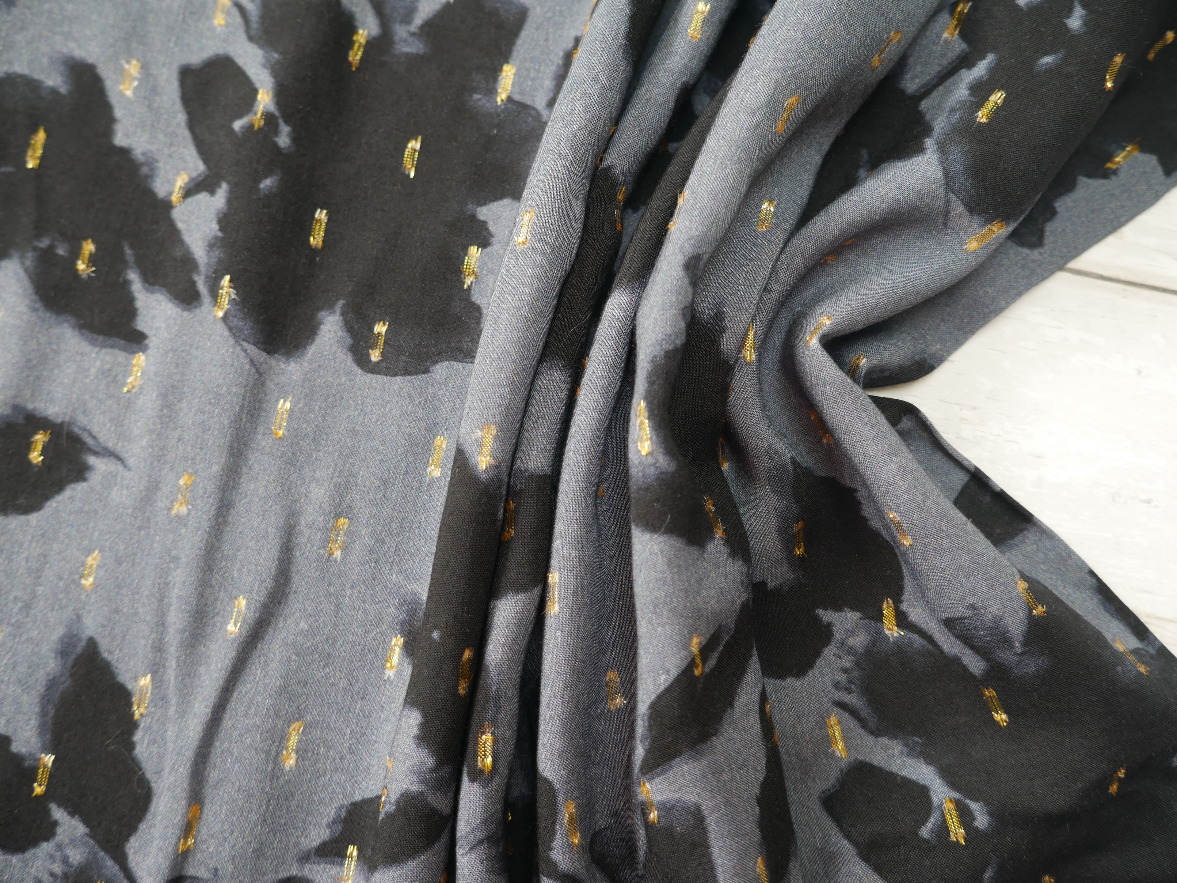 Digital Floral Viscose with Gold Flecks in Blue, £15.00 p/m-Viscose-Flying Bobbins Haberdashery