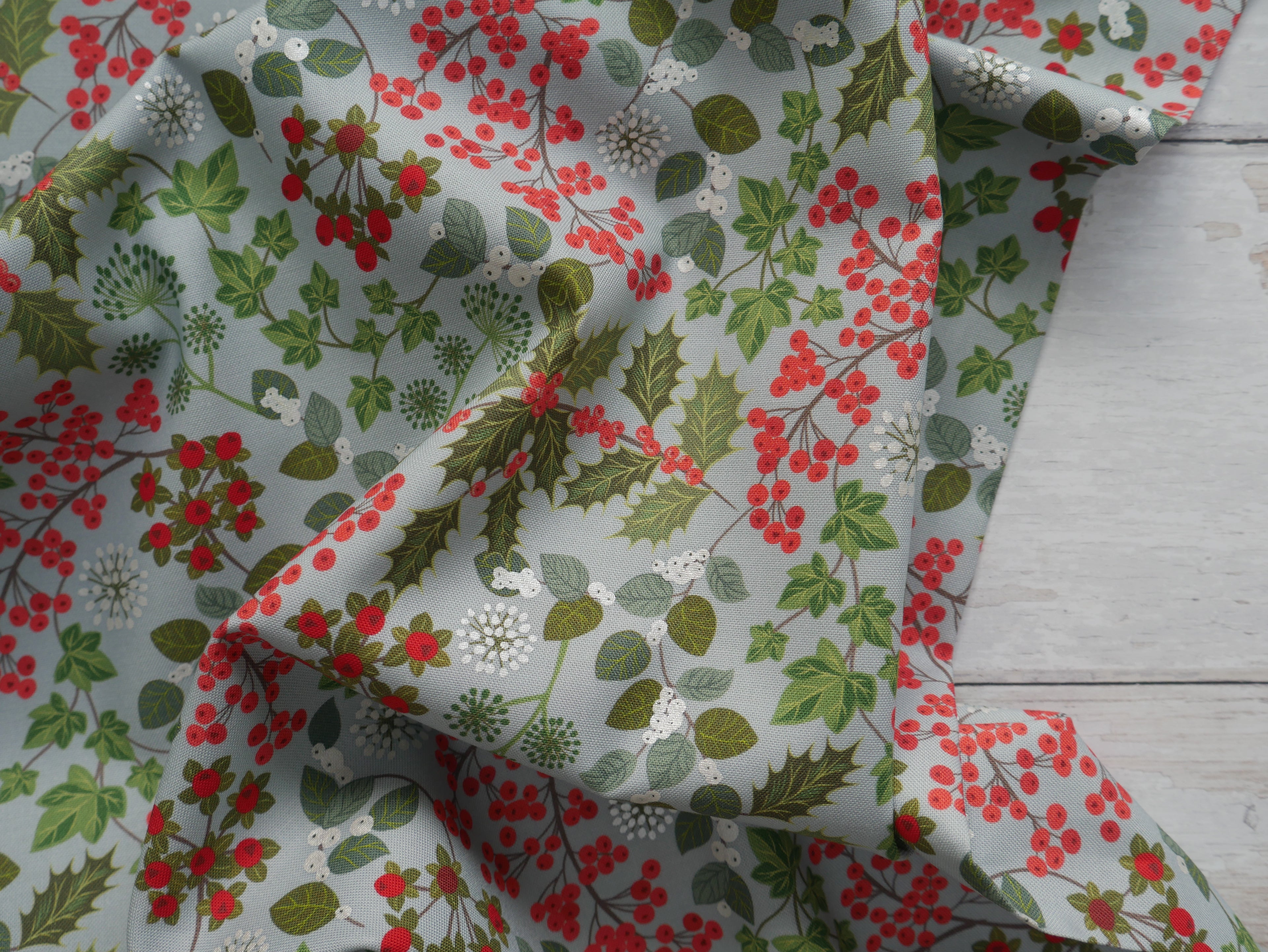 Lewis & Irene Holly & Ivy on Winter Blue with Pearl £14.80 p/m-Viscose-Flying Bobbins Haberdashery