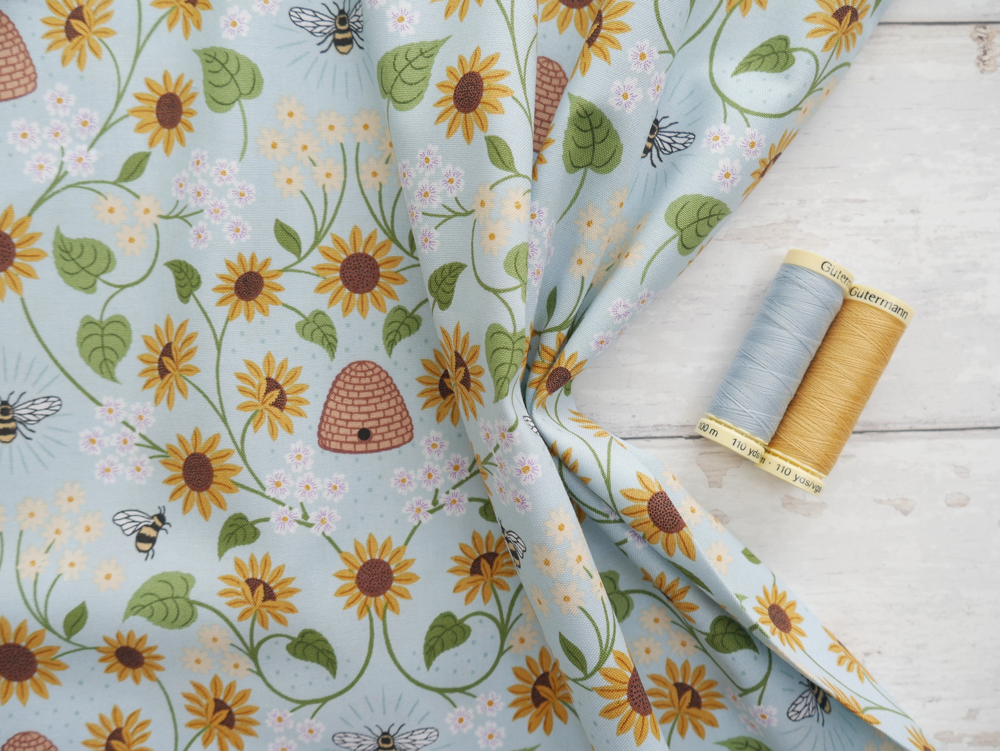 Bee Hive on Pale Blue by Lewis and Irene , £14.50 p/m-Cotton-Flying Bobbins Haberdashery