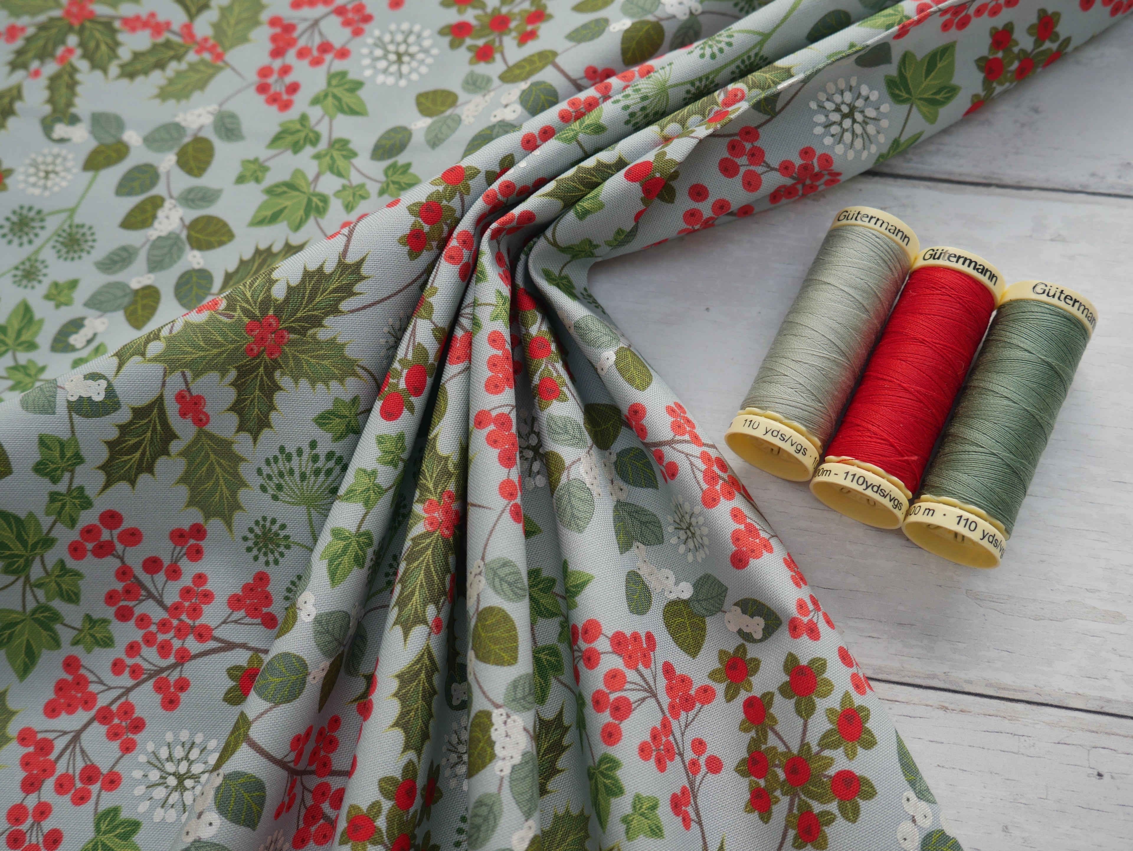 Lewis & Irene Holly & Ivy on Winter Blue with Pearl £14.80 p/m-Viscose-Flying Bobbins Haberdashery