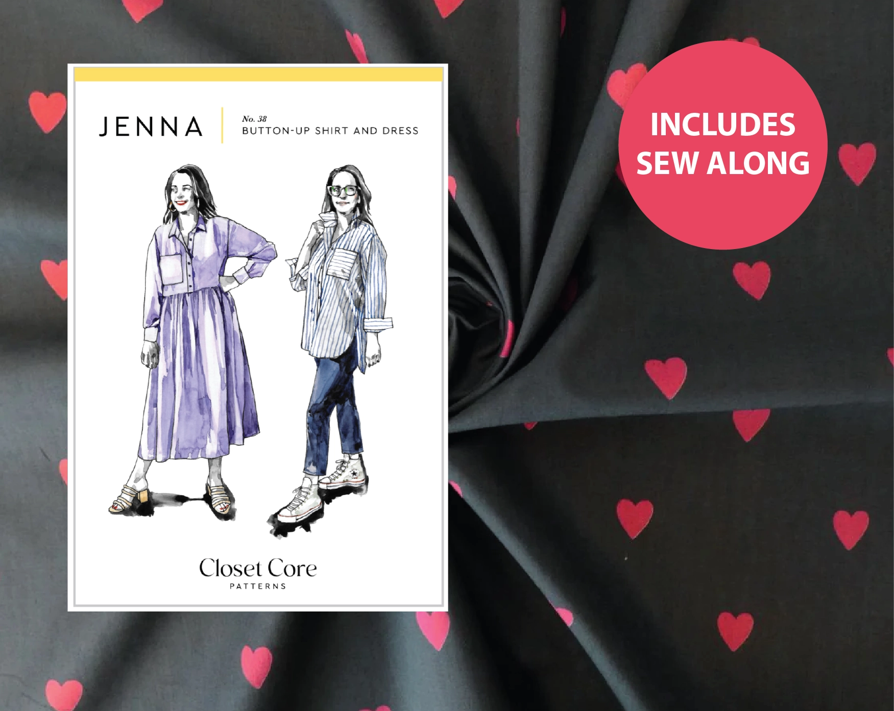 Jenna Shirt Kit - Lady McElroy Loveheart Cotton Lawn in Black-Sewing Kit-Flying Bobbins Haberdashery