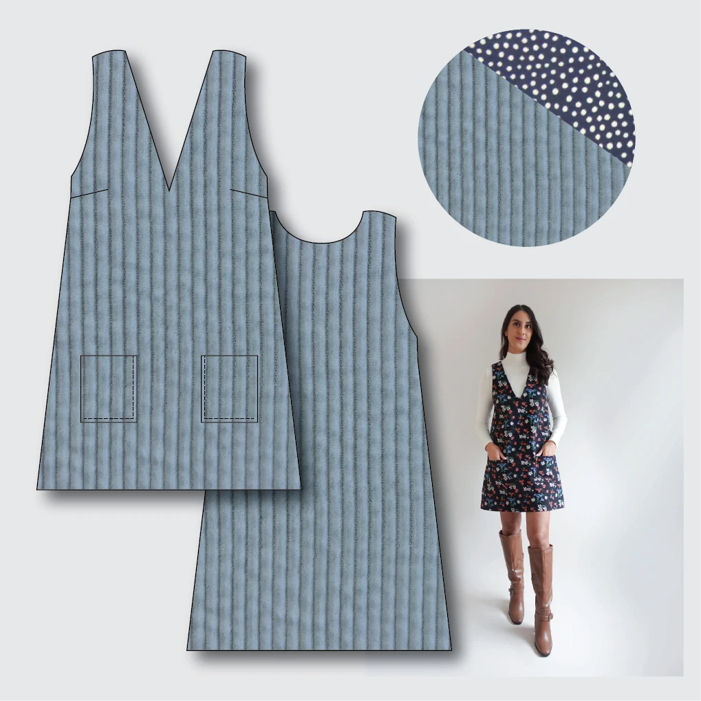 Margot Pinafore Kit -Cotton Corduroy in Denim Blue-Sewing Kit-Flying Bobbins Haberdashery