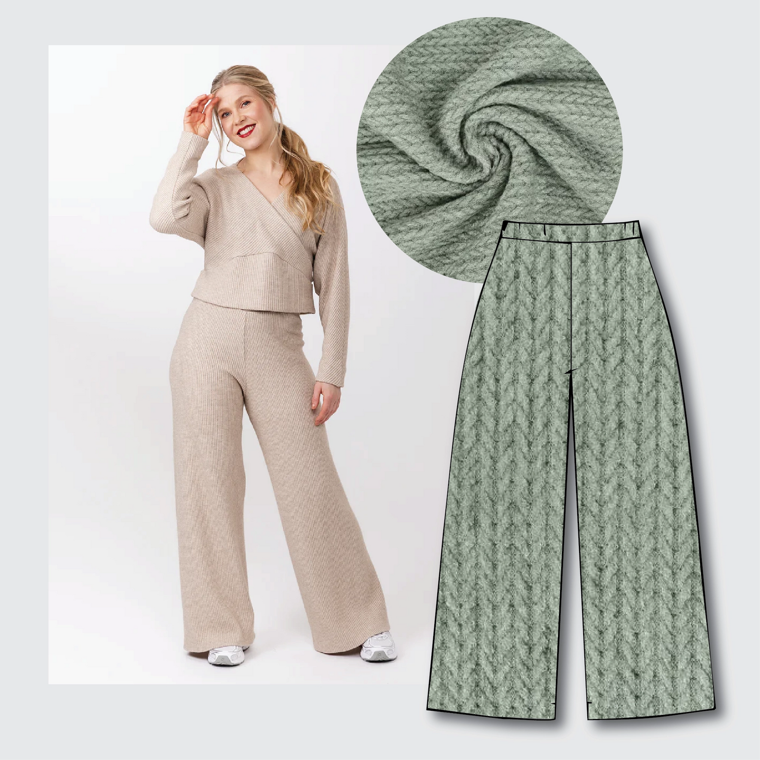 Olo Pants Kit - Angora Touch Cable in Sage-Sewing Kit-Flying Bobbins Haberdashery