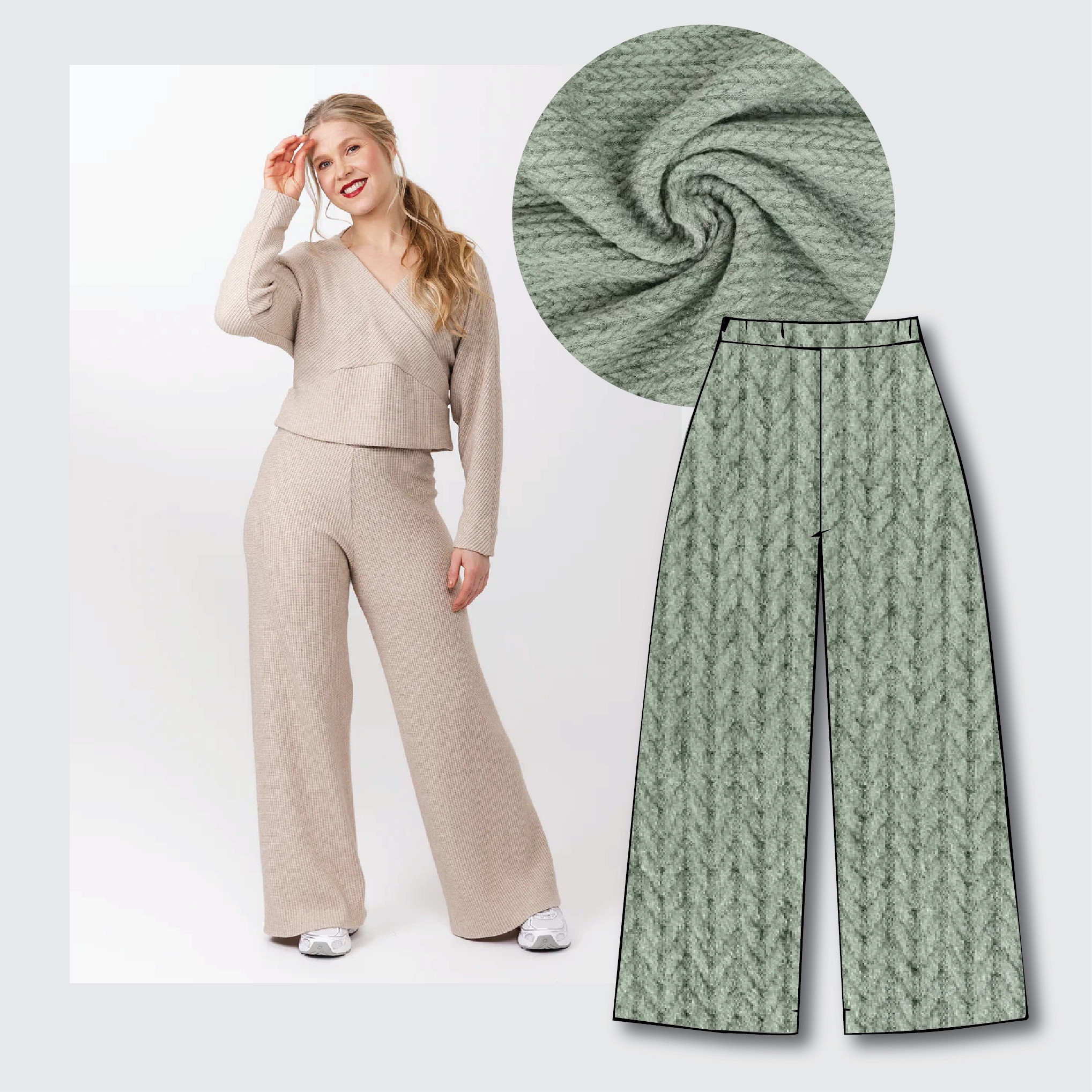 Olo Pants Kit - Angora Touch Cable in Sage-Sewing Kit-Flying Bobbins Haberdashery