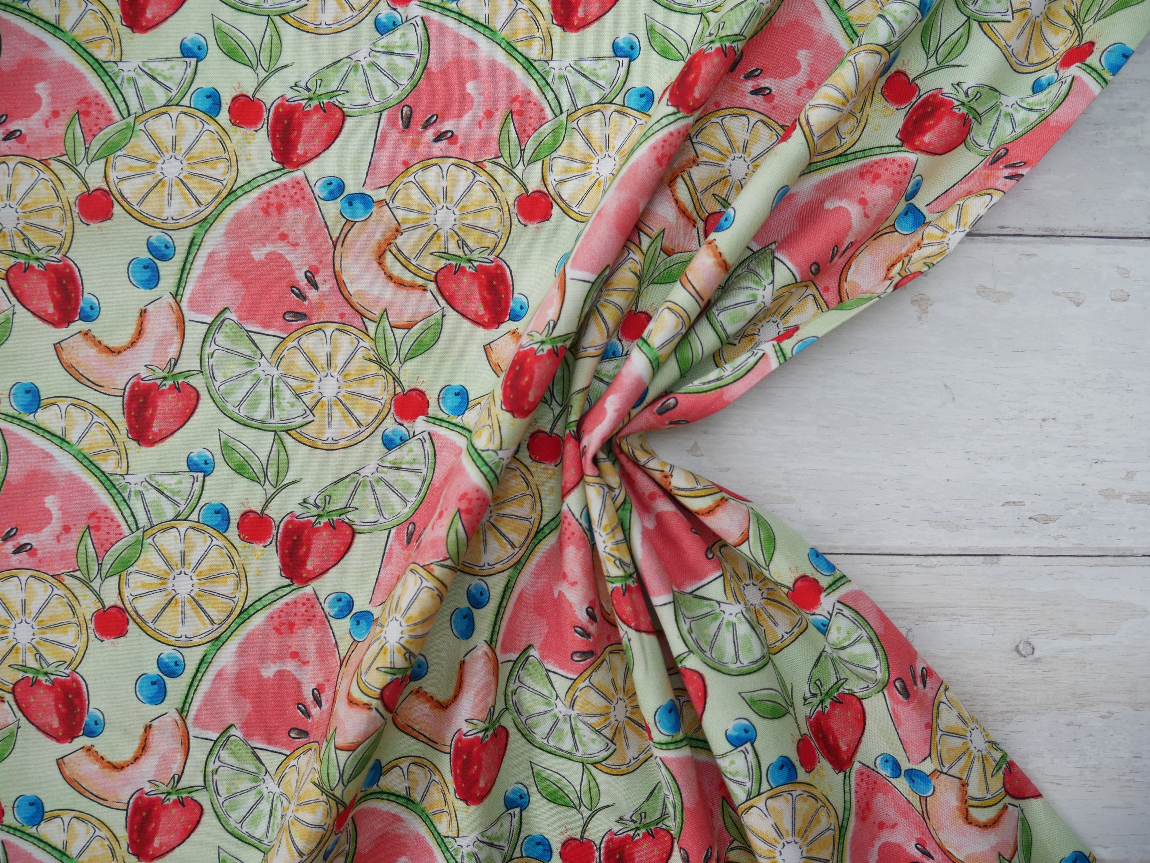 Sweet Summertime Tossed Fruit Printed Cotton, £14.50 pm-Cotton Fabric-Flying Bobbins Haberdashery