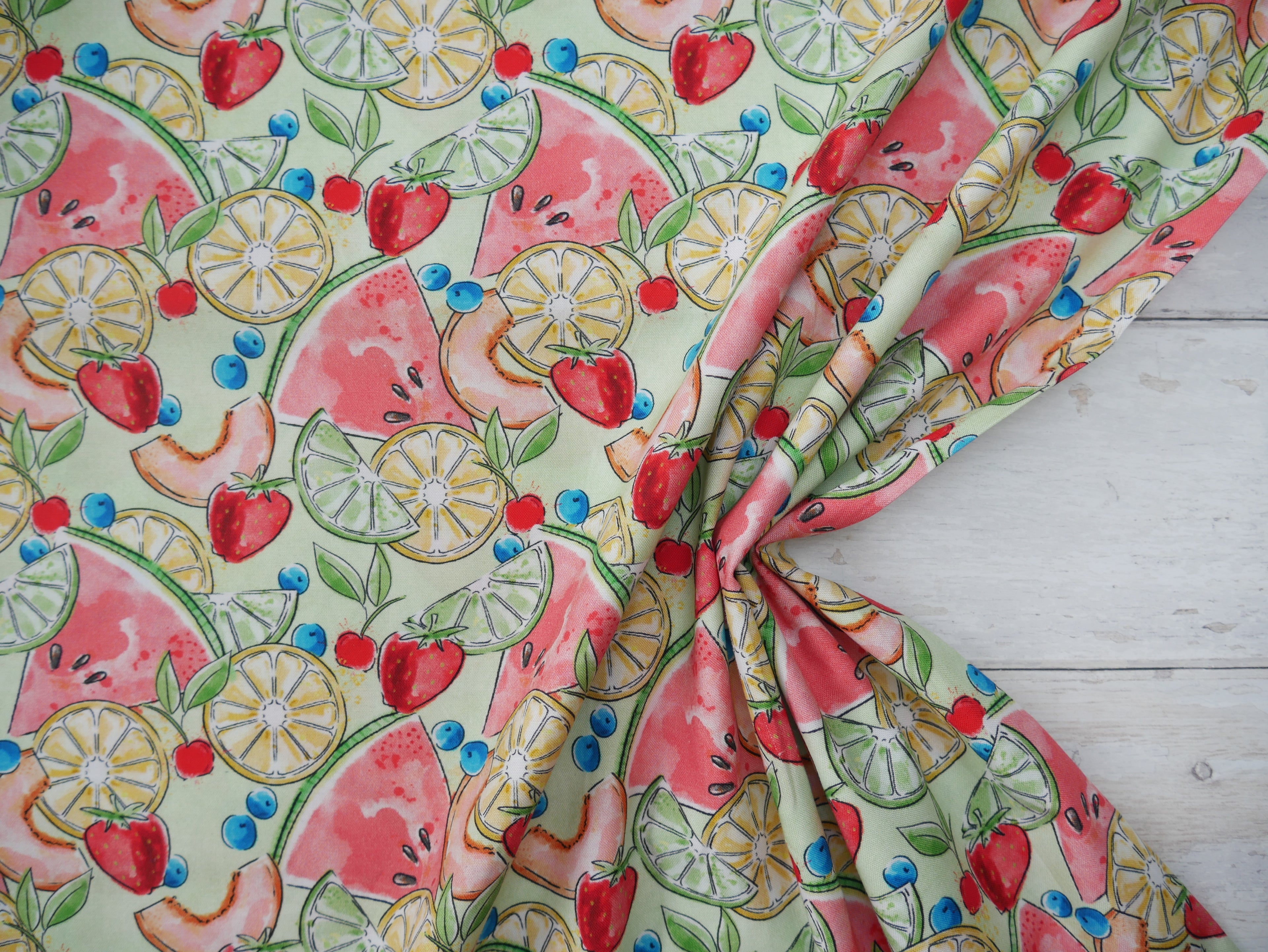 Sweet Summertime Tossed Fruit Printed Cotton, £14.50 pm-Cotton Fabric-Flying Bobbins Haberdashery