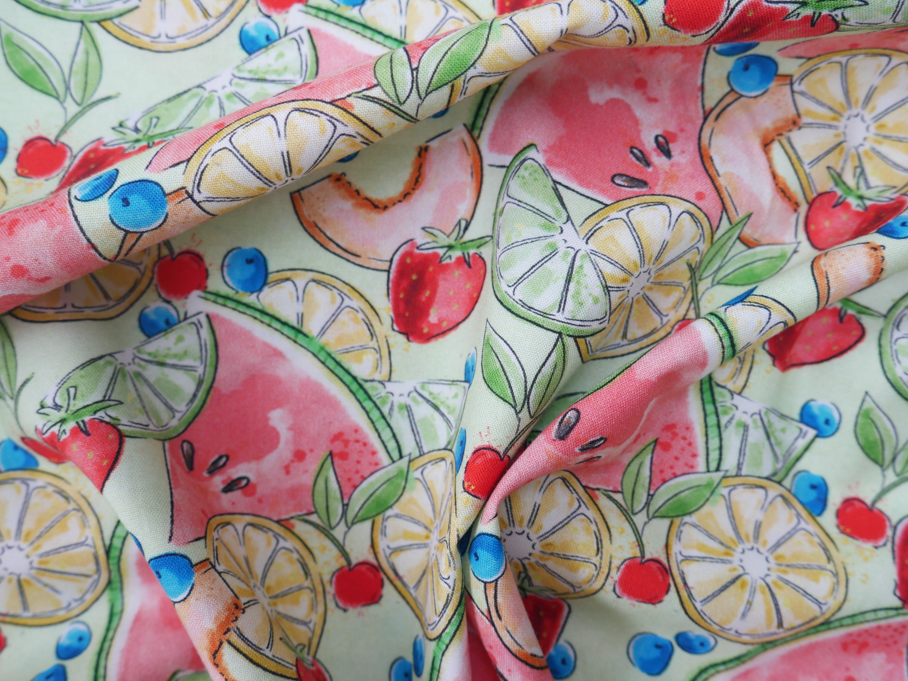 Sweet Summertime Tossed Fruit Printed Cotton, £14.50 pm-Cotton Fabric-Flying Bobbins Haberdashery