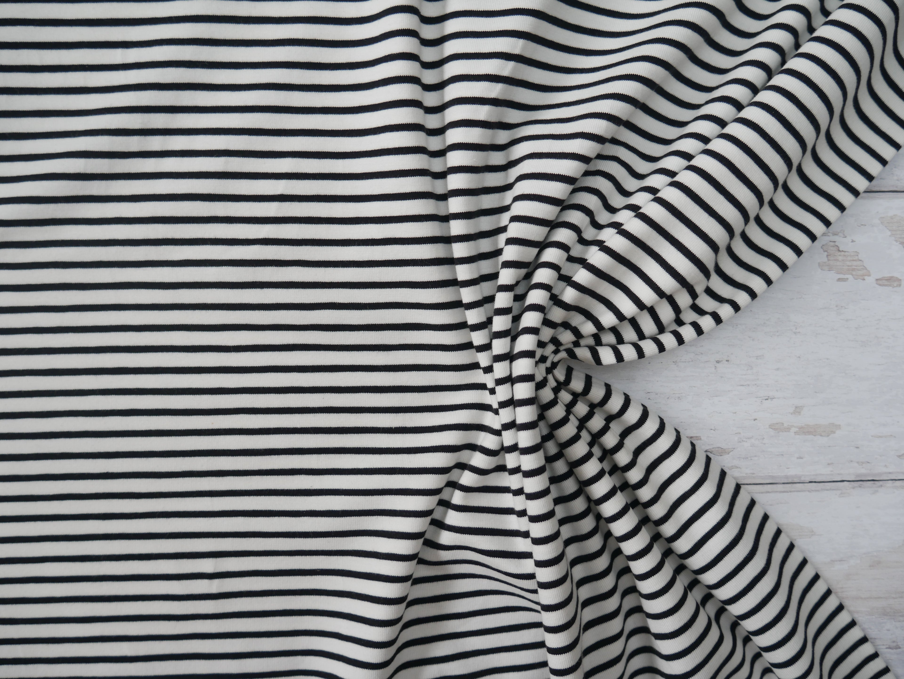 Breton Stripe Cotton Jersey in Black & Ivory £16.00 pm-Cotton Jersey-Flying Bobbins Haberdashery