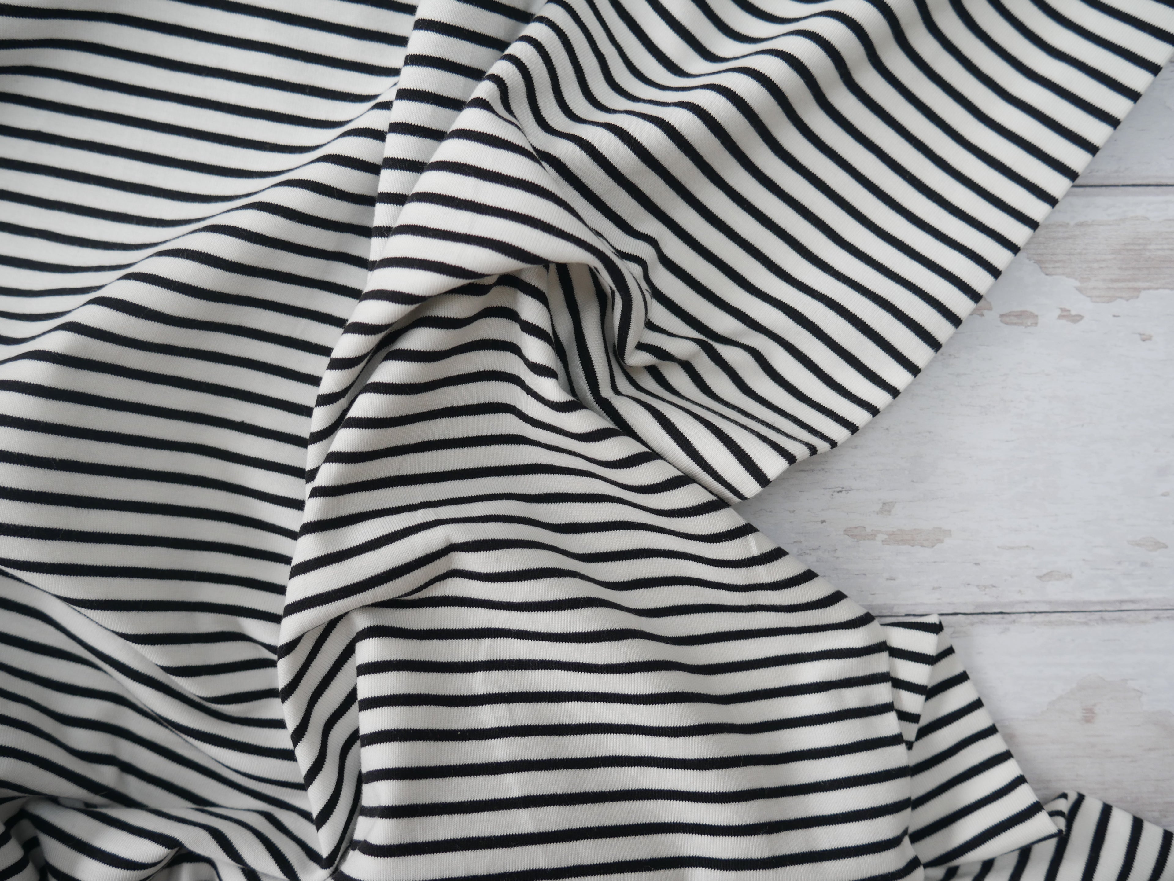 Breton Stripe Cotton Jersey in Black & Ivory £16.00 pm-Cotton Jersey-Flying Bobbins Haberdashery