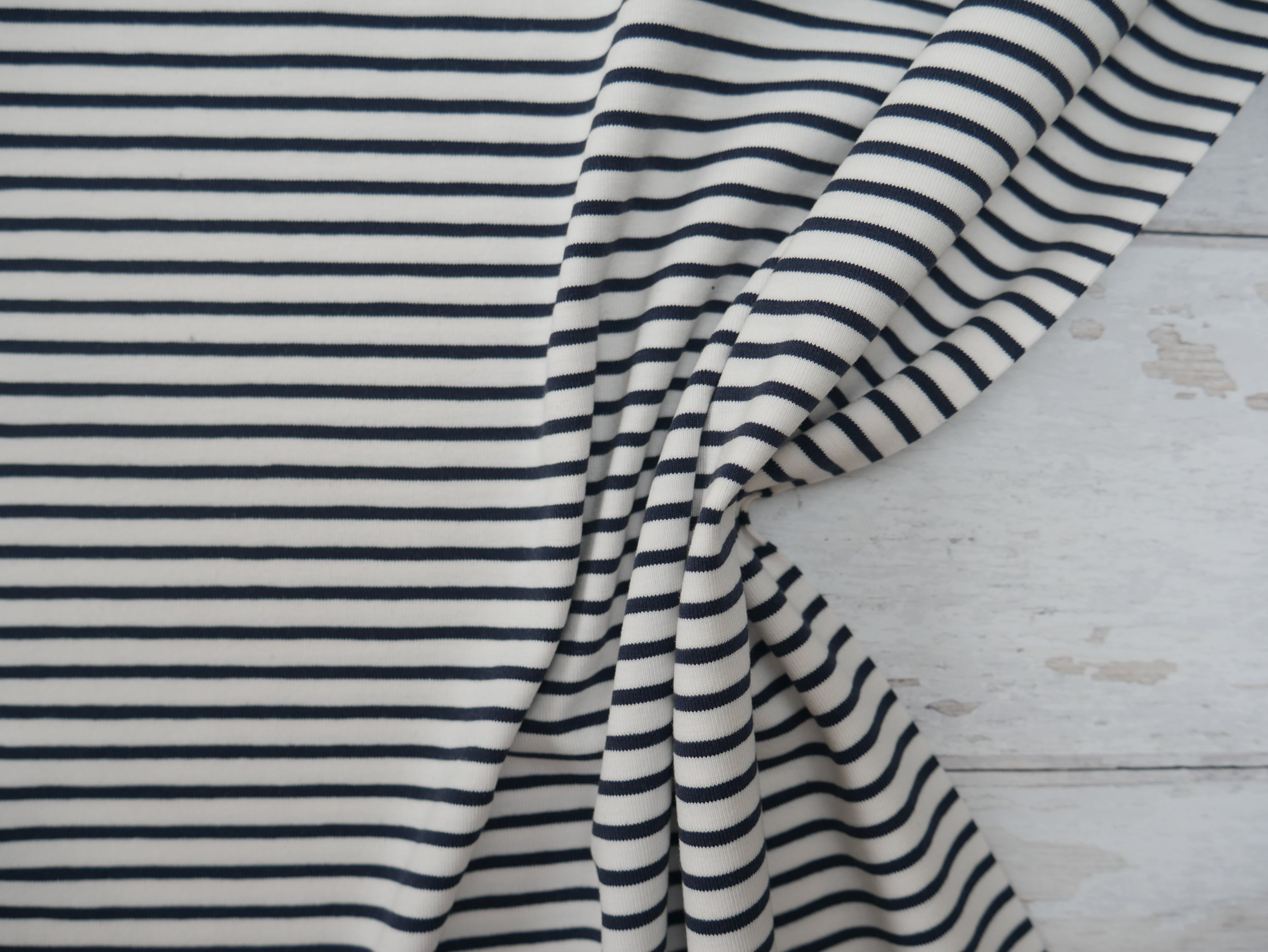 Breton Stripe Cotton Jersey in Navy & Ivory £16.00 pm-Cotton Jersey-Flying Bobbins Haberdashery