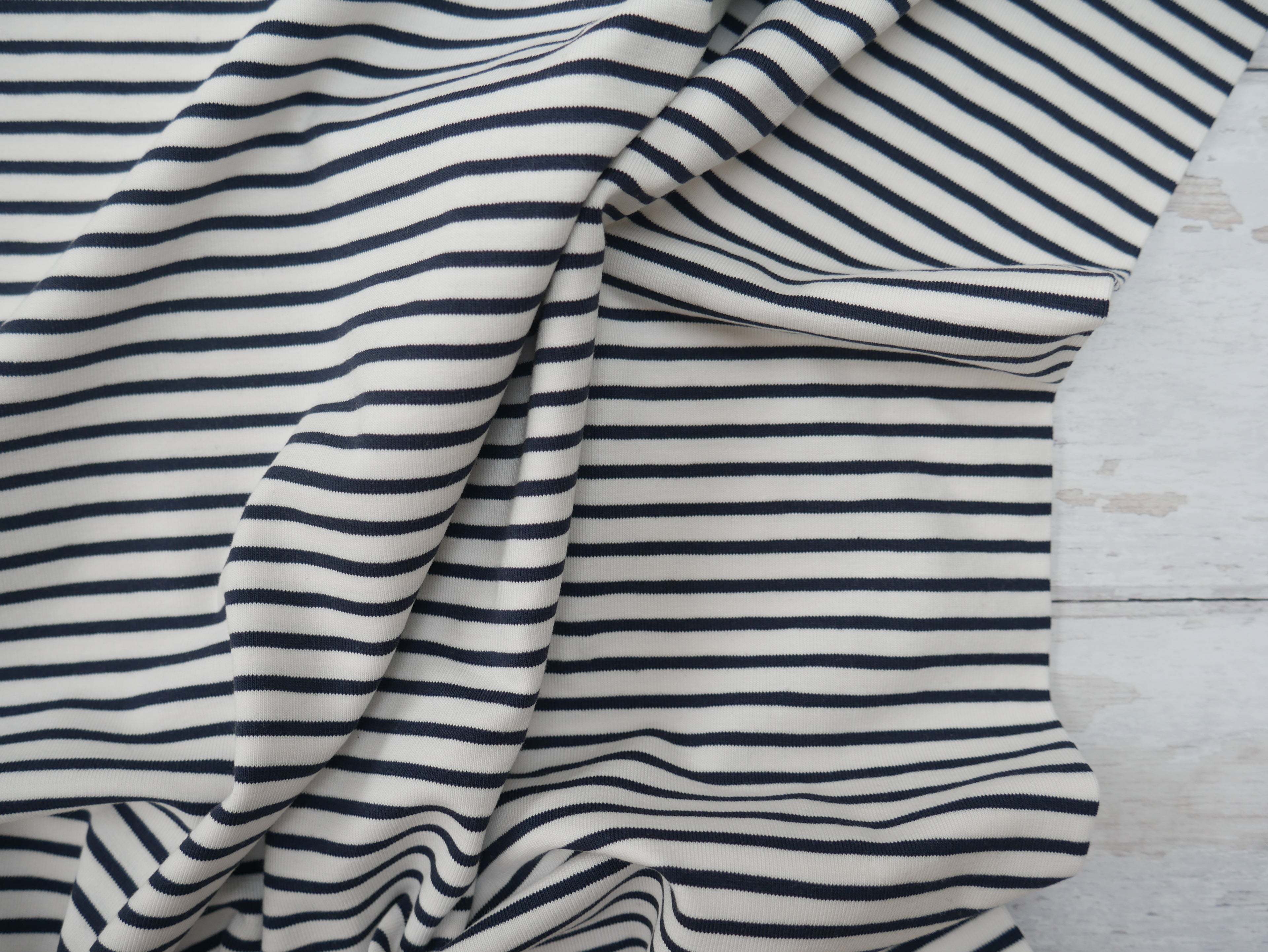 Breton Stripe Cotton Jersey in Navy & Ivory £16.00 pm-Cotton Jersey-Flying Bobbins Haberdashery