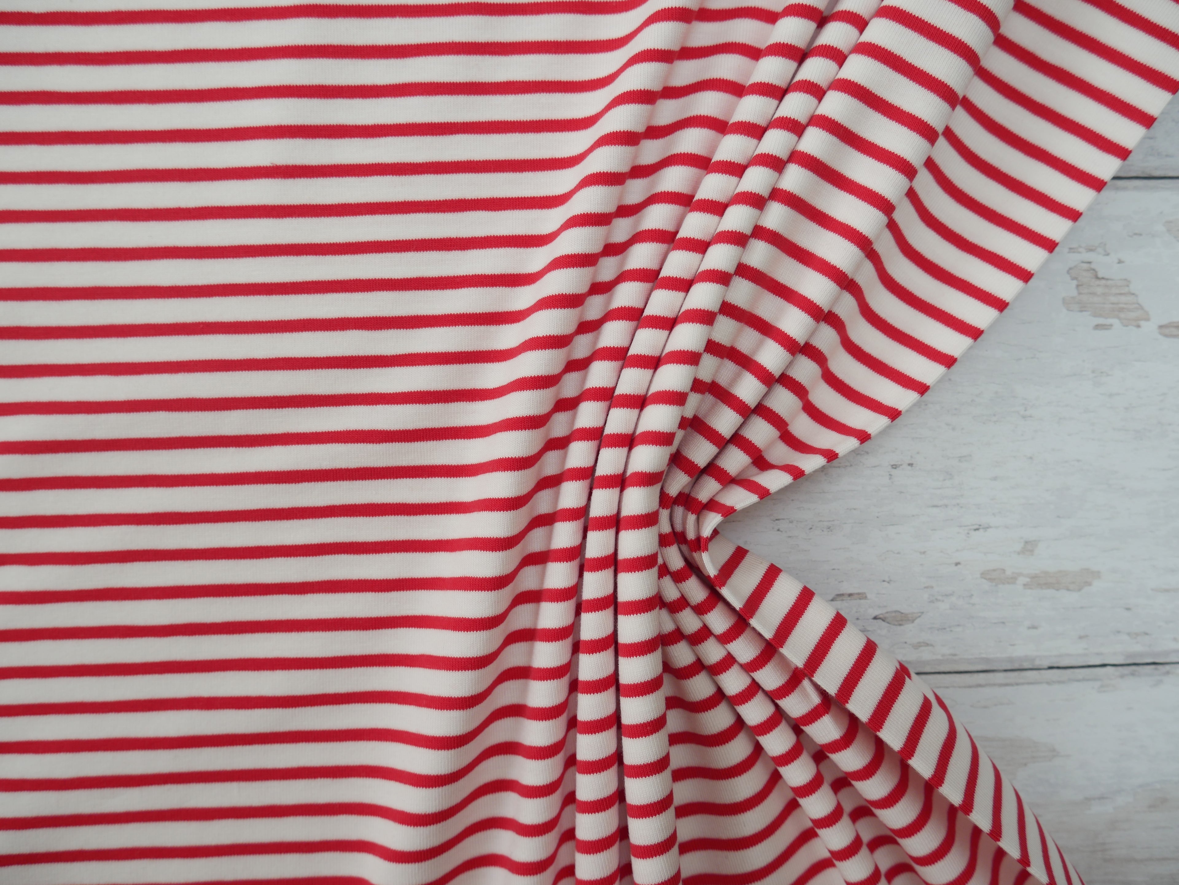 Breton Stripe Cotton Jersey in Red & Ivory £16.00 pm-Cotton Jersey-Flying Bobbins Haberdashery
