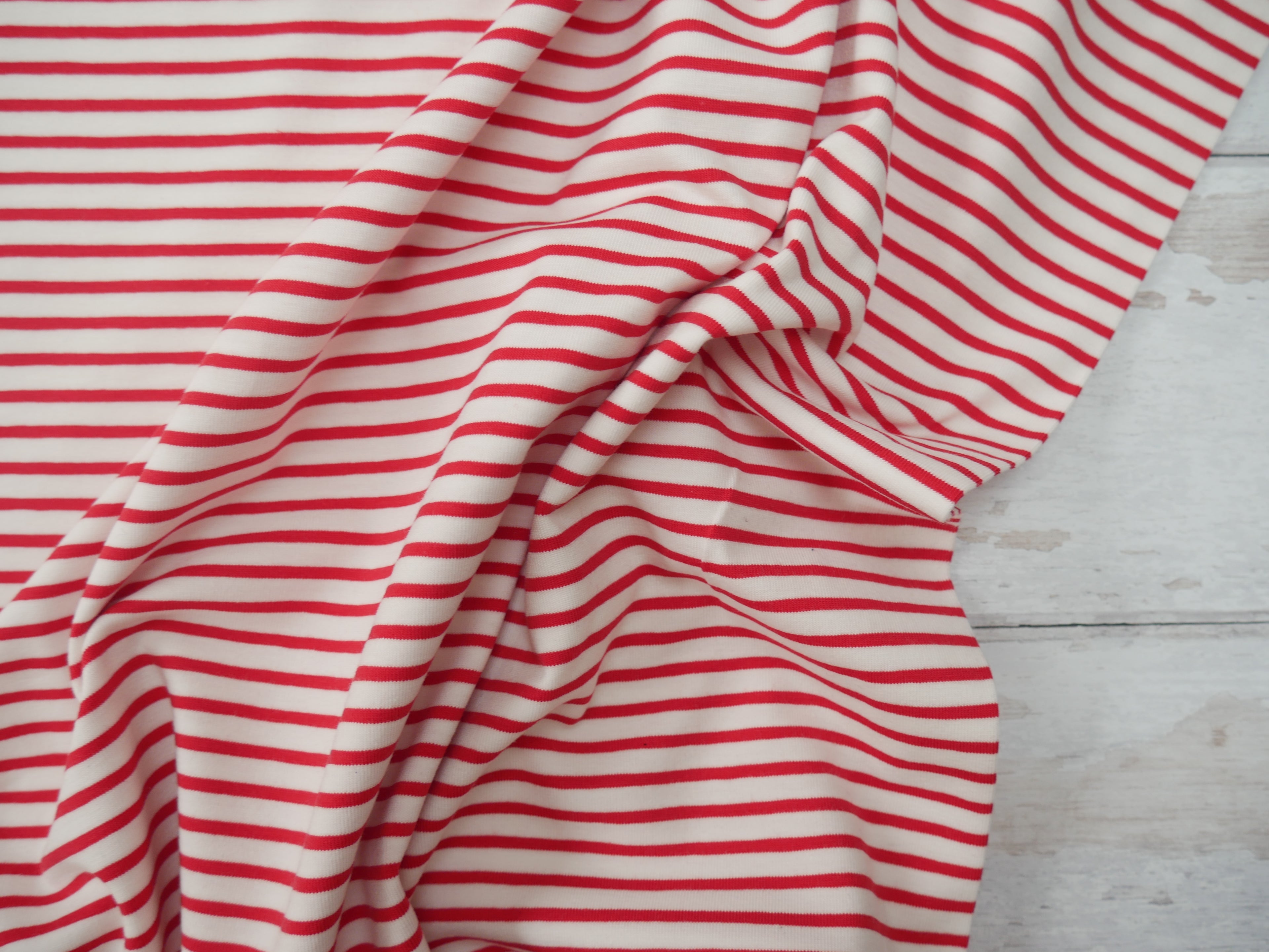 Breton Stripe Cotton Jersey in Red & Ivory £16.00 pm-Cotton Jersey-Flying Bobbins Haberdashery