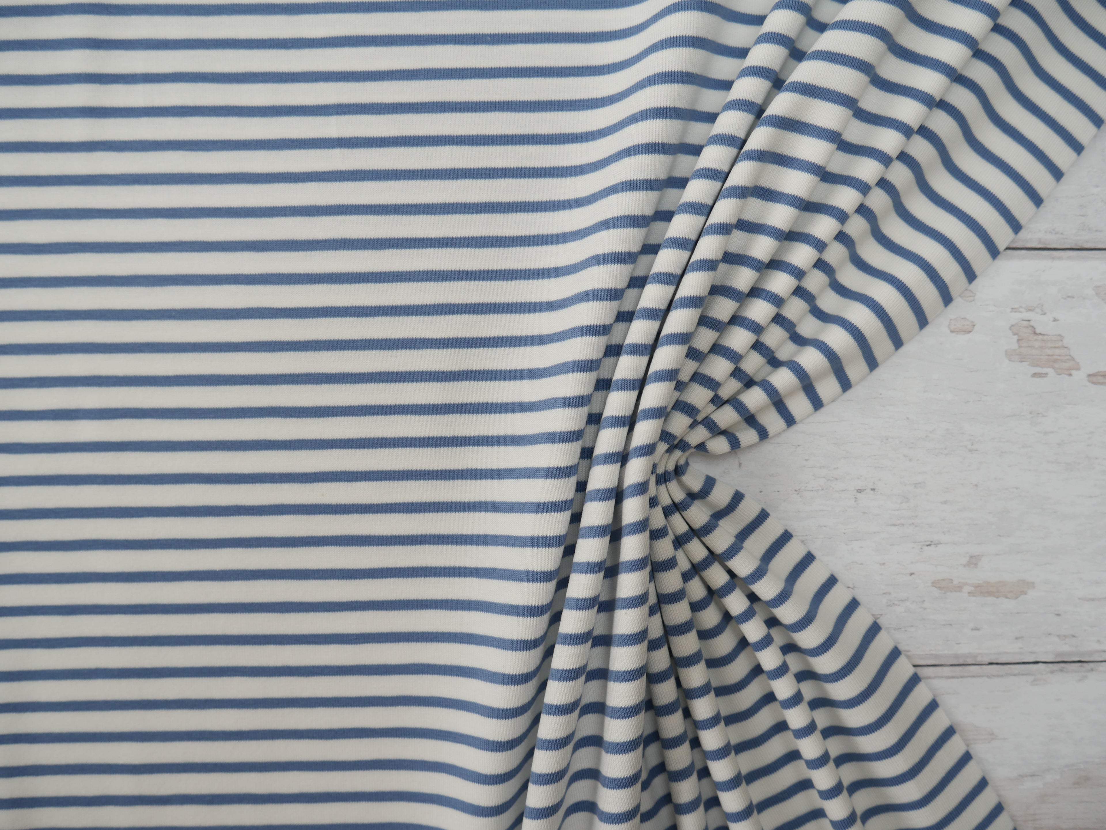Breton Stripe Cotton Jersey in Sky & Ivory £16.00 pm-Cotton Jersey-Flying Bobbins Haberdashery