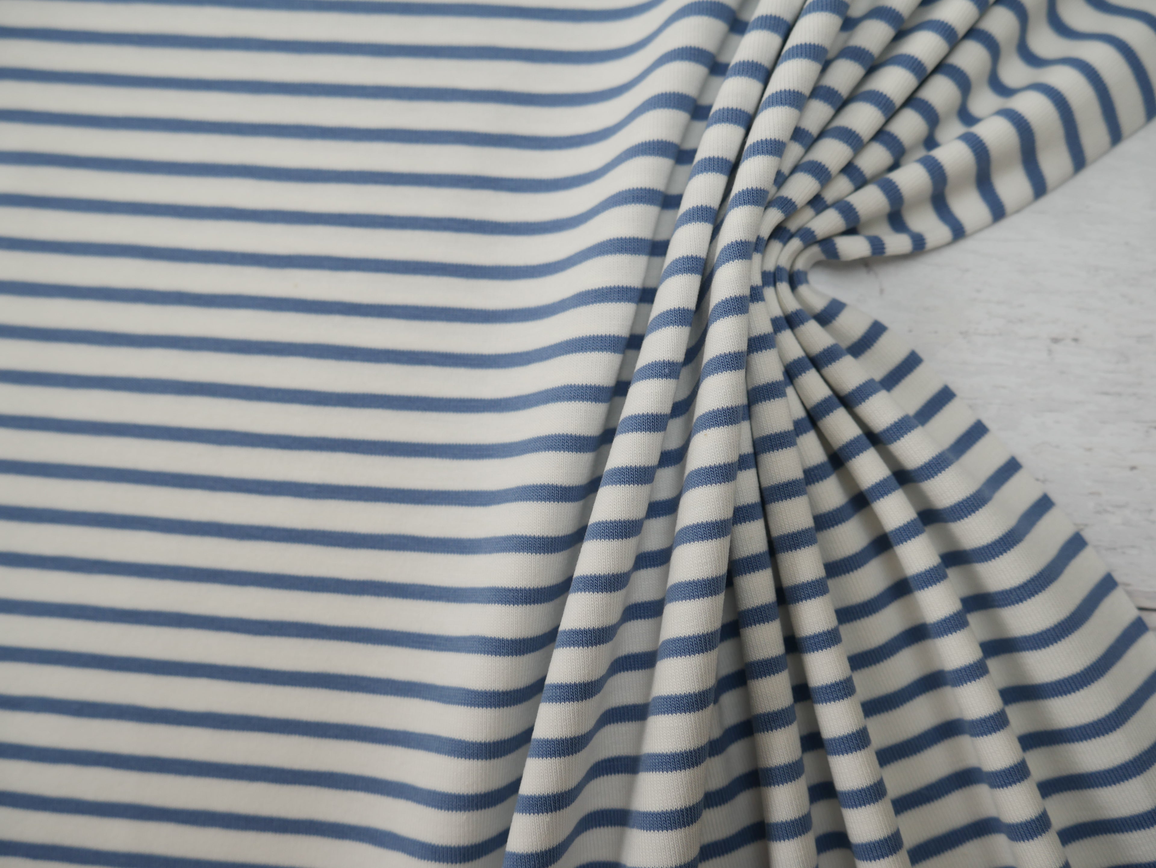 Breton Stripe Cotton Jersey in Sky & Ivory £16.00 pm-Cotton Jersey-Flying Bobbins Haberdashery
