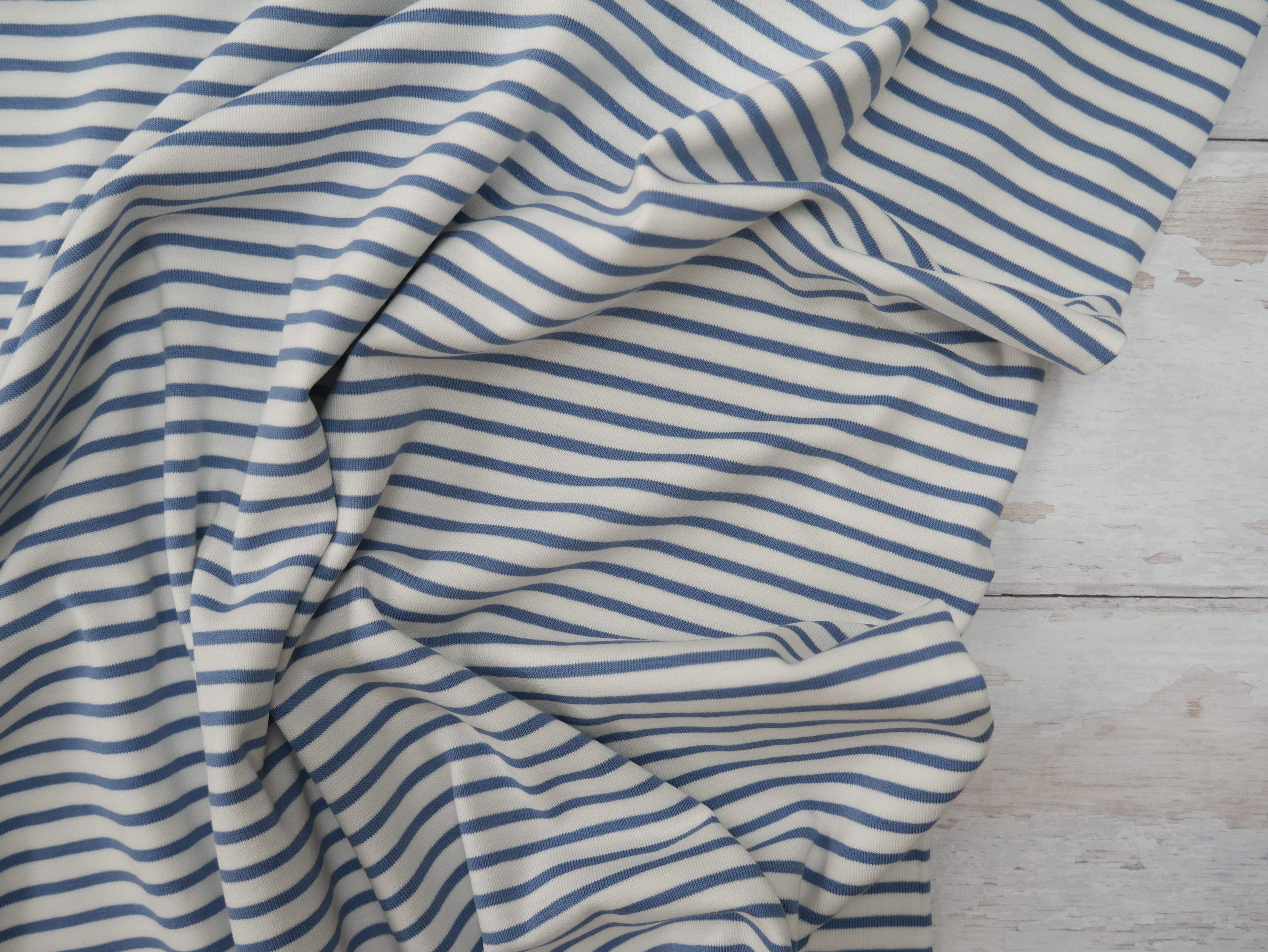 Breton Stripe Cotton Jersey in Sky & Ivory £16.00 pm-Cotton Jersey-Flying Bobbins Haberdashery