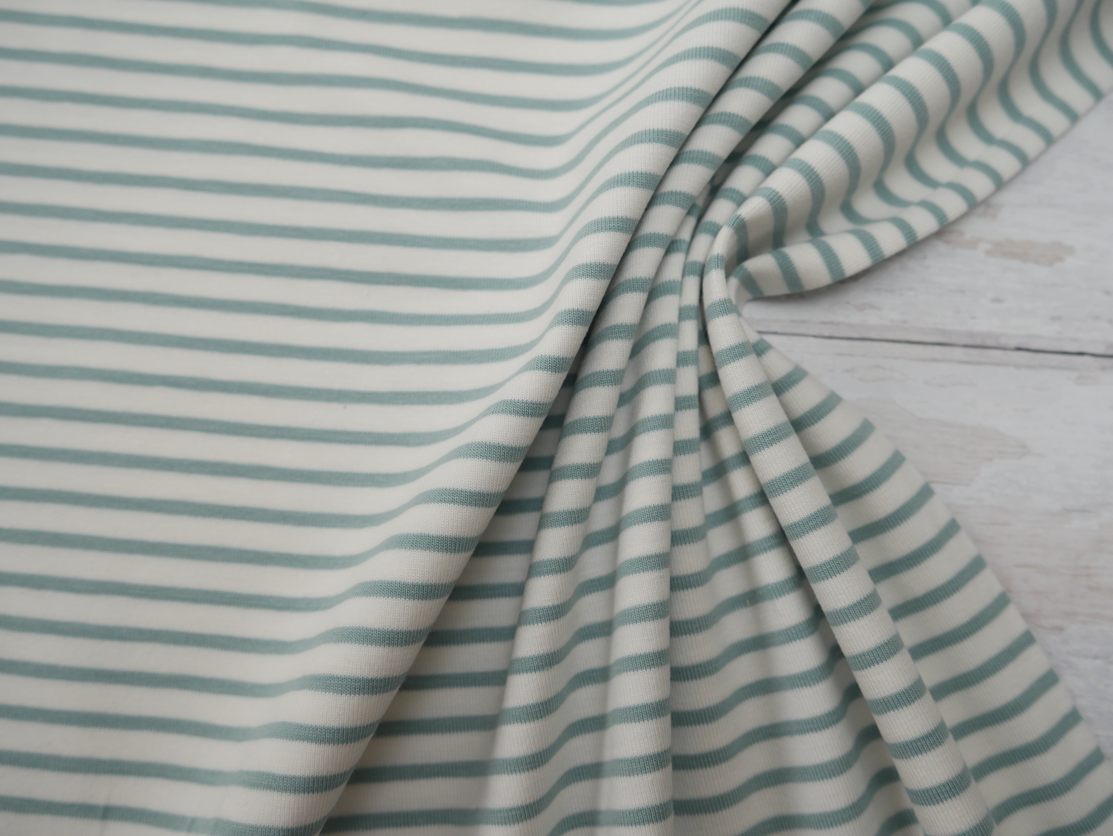 Breton Stripe Cotton Jersey in Sage & Ivory £16.00 pm-Cotton Jersey-Flying Bobbins Haberdashery