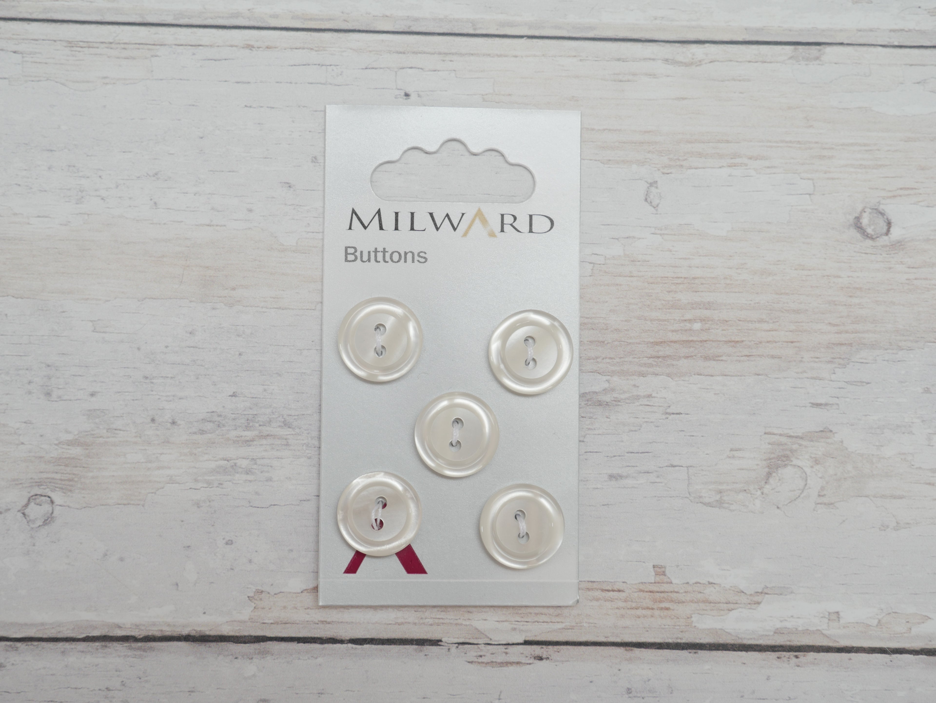 Milward 15mm, 2-Hole Buttons in White x 5-Button-Flying Bobbins Haberdashery