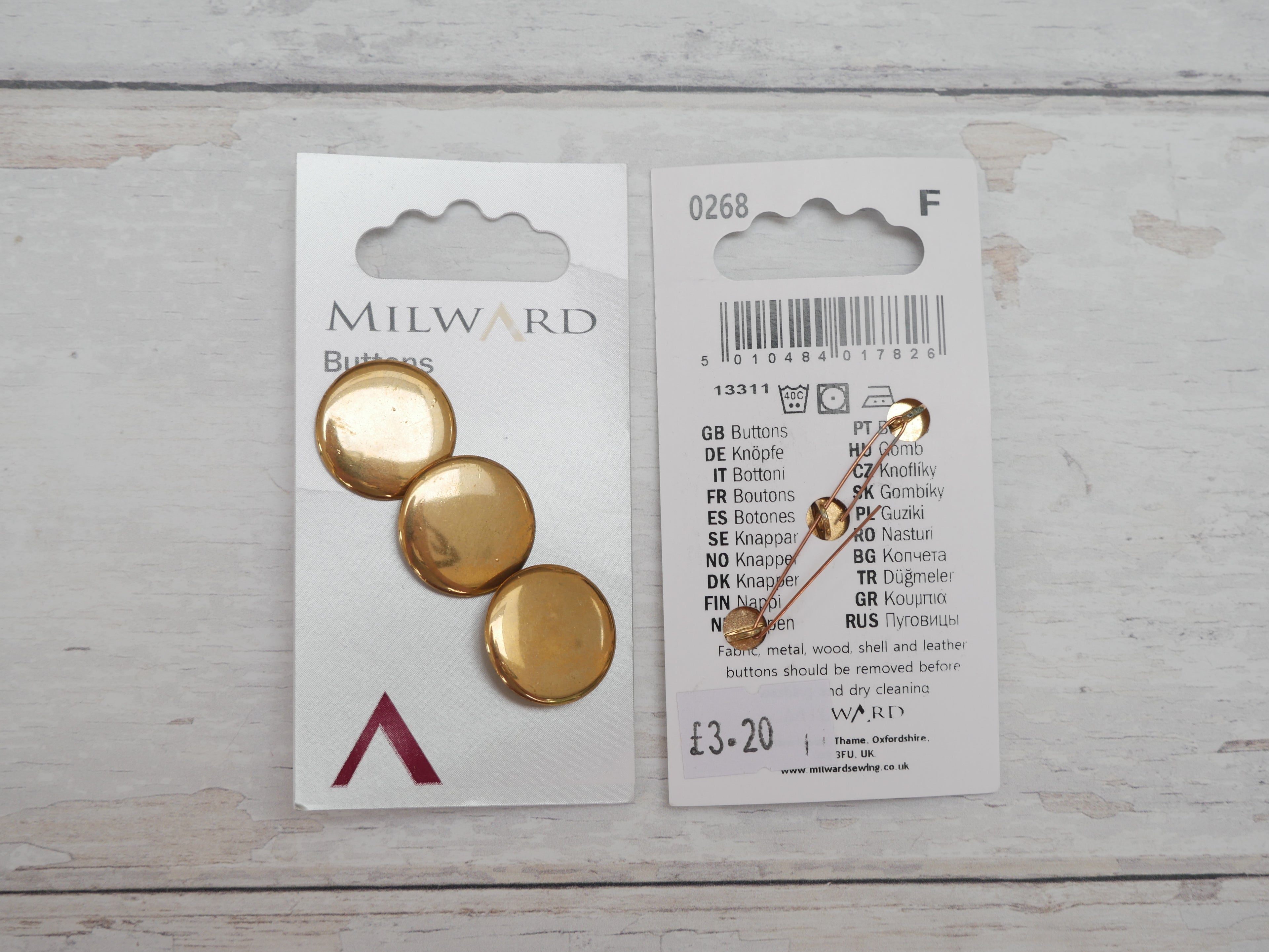 Milward 20mm, Shank Buttons in Gold x 3-Button-Flying Bobbins Haberdashery