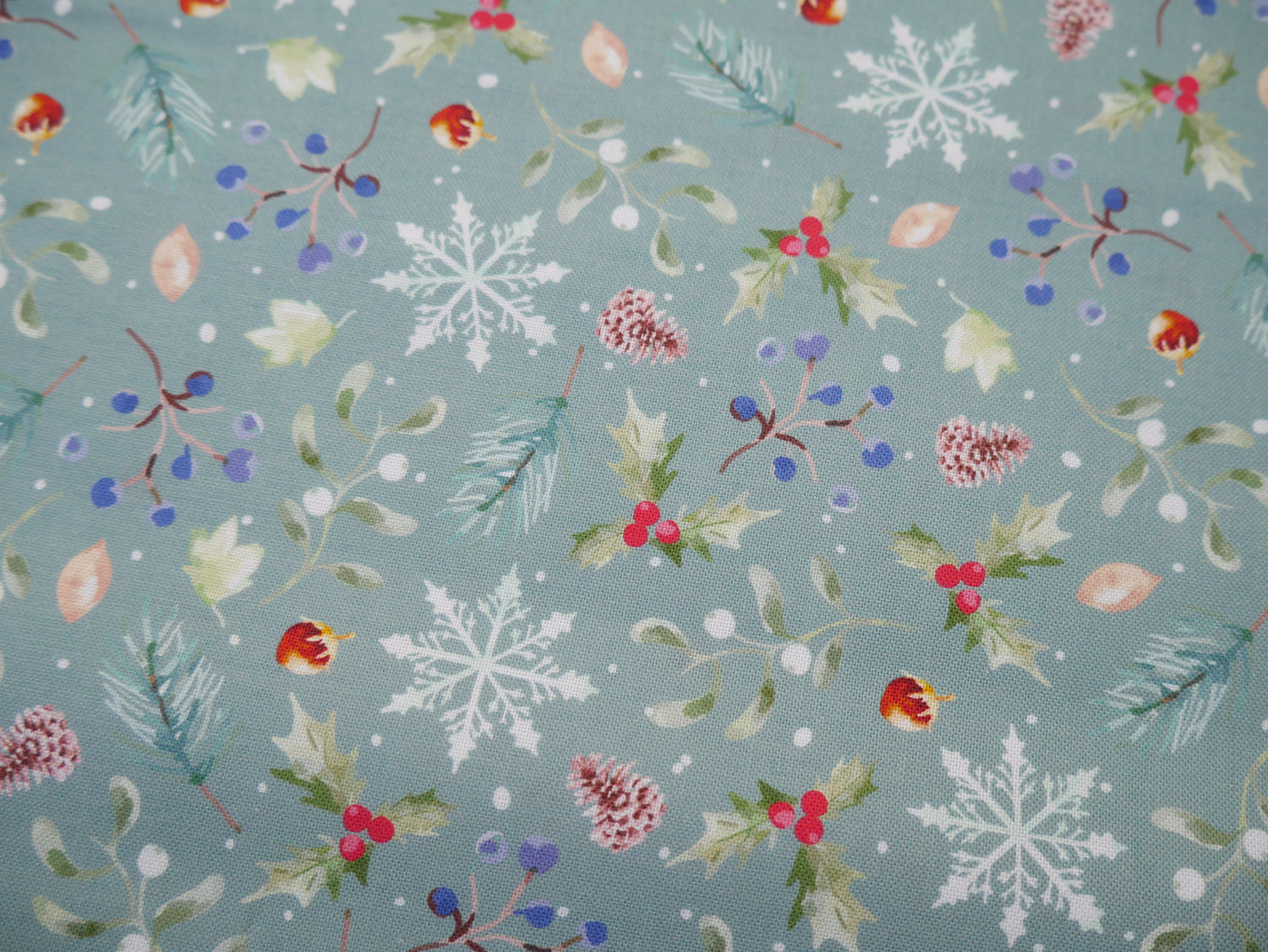 Feathered Foliage Printed Cotton, Holly Harvest, £8.40 p/m-Cotton Fabric-Flying Bobbins Haberdashery