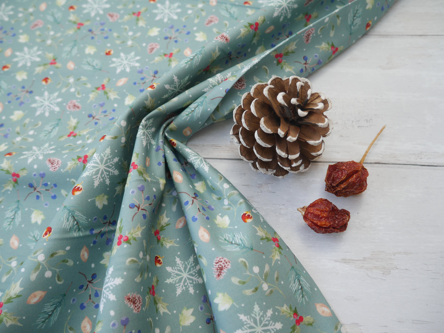 Feathered Foliage Printed Cotton, Holly Harvest, £8.40 p/m-Cotton Fabric-Flying Bobbins Haberdashery
