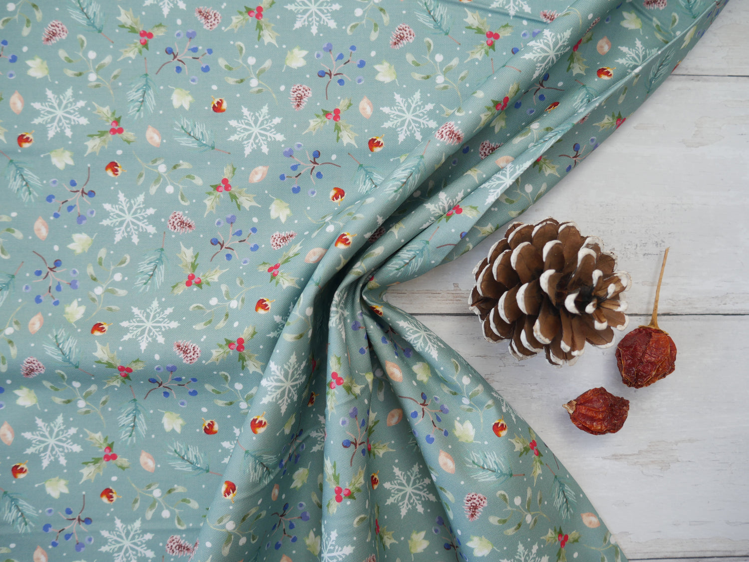 Feathered Foliage Printed Cotton, Holly Harvest, £8.40 p/m-Cotton Fabric-Flying Bobbins Haberdashery