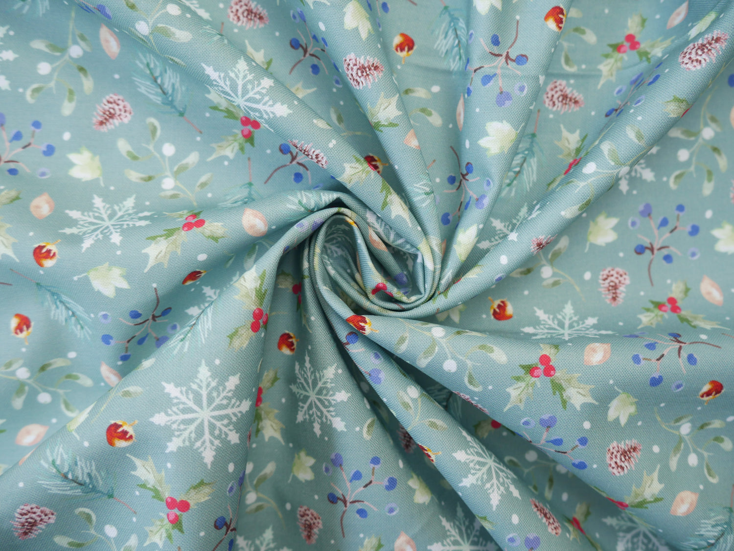 Feathered Foliage Printed Cotton, Holly Harvest, £8.40 p/m-Cotton Fabric-Flying Bobbins Haberdashery