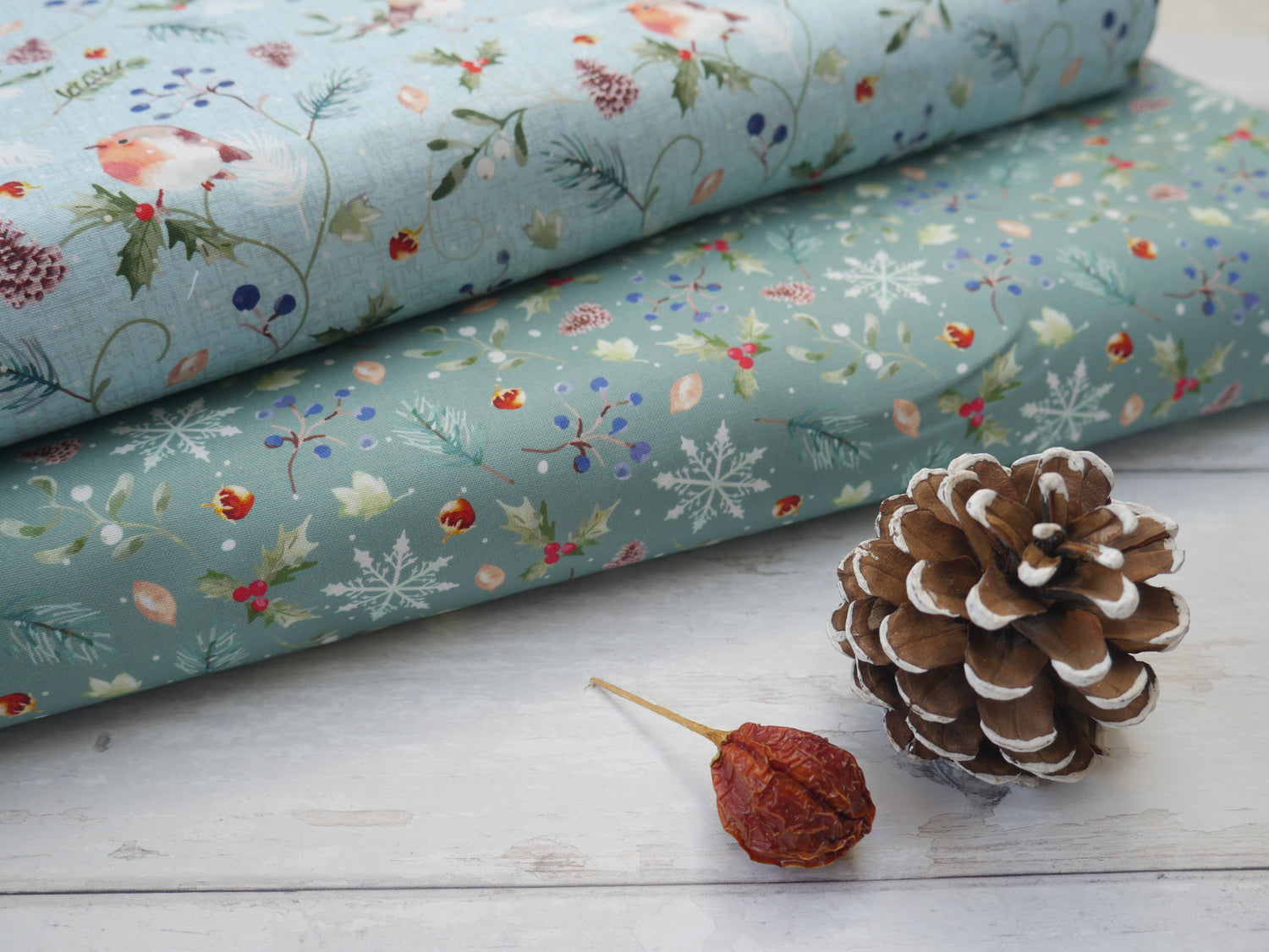 Feathered Foliage Printed Cotton, Holly Harvest, £8.40 p/m-Cotton Fabric-Flying Bobbins Haberdashery