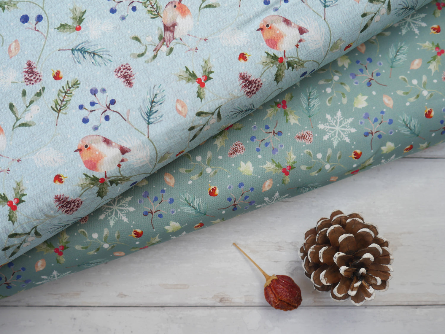 Feathered Foliage Printed Cotton, Holly Harvest, £8.40 p/m-Cotton Fabric-Flying Bobbins Haberdashery