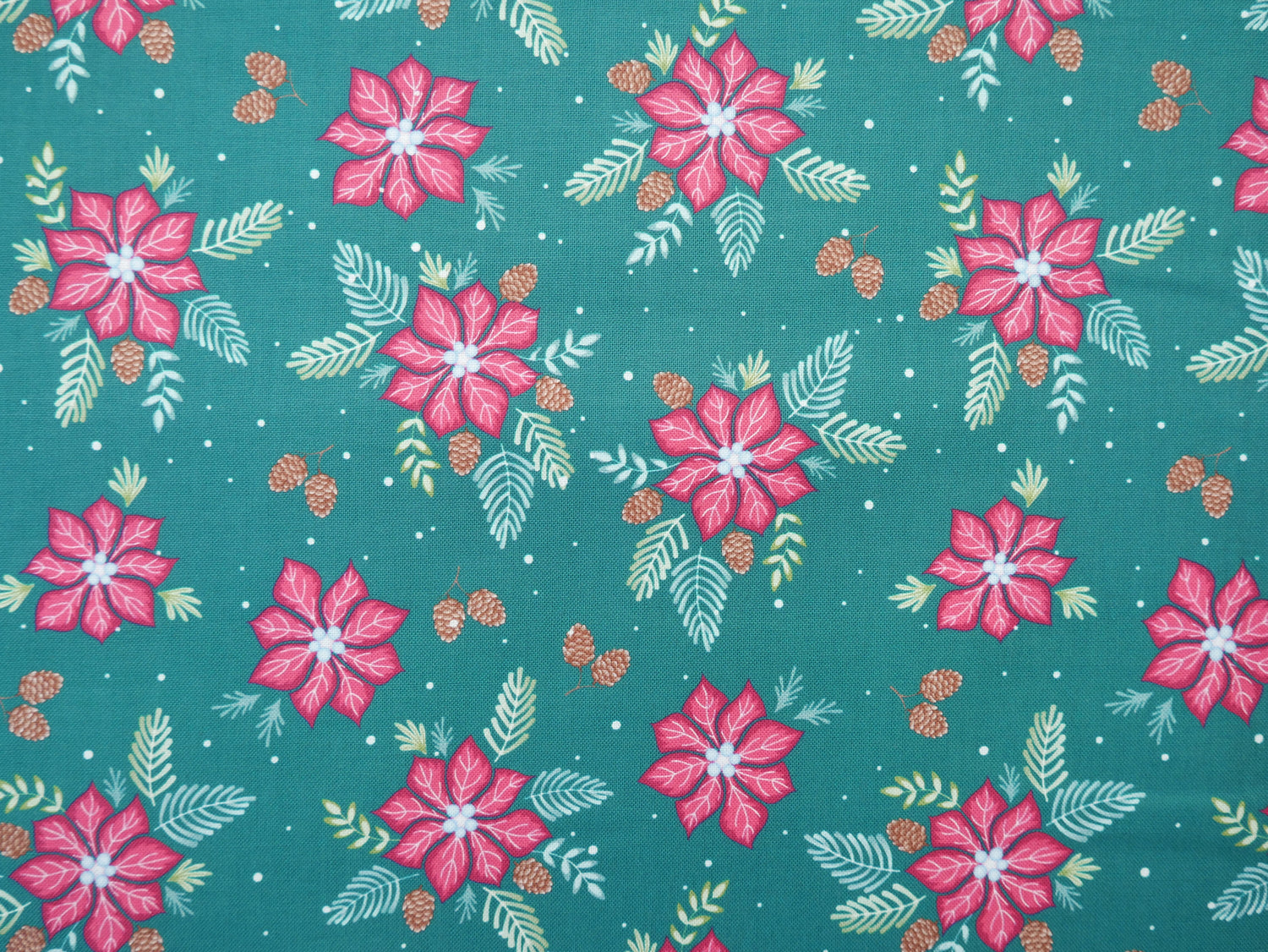 Jewelled Christmas Printed Cotton, Poinsettia Pine, £7.50 p/m-Cotton Fabric-Flying Bobbins Haberdashery