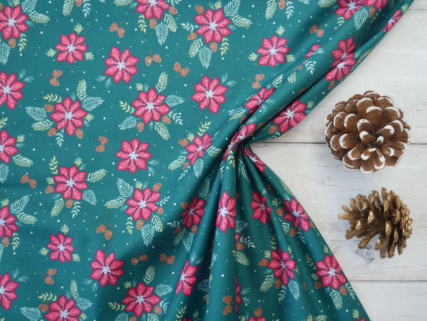 Jewelled Christmas Printed Cotton, Poinsettia Pine, £7.50 p/m-Cotton Fabric-Flying Bobbins Haberdashery