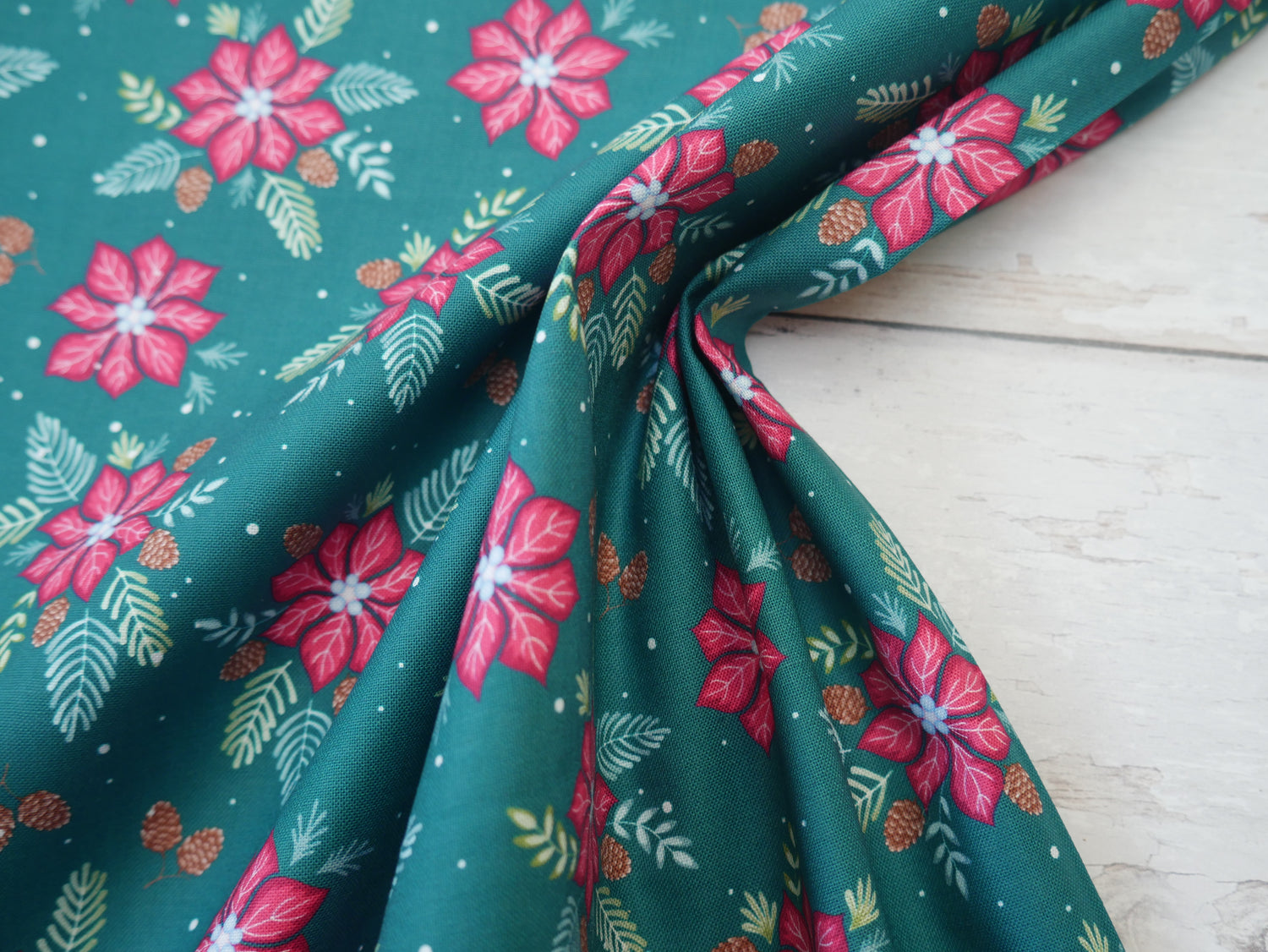 Jewelled Christmas Printed Cotton, Poinsettia Pine, £7.50 p/m-Cotton Fabric-Flying Bobbins Haberdashery