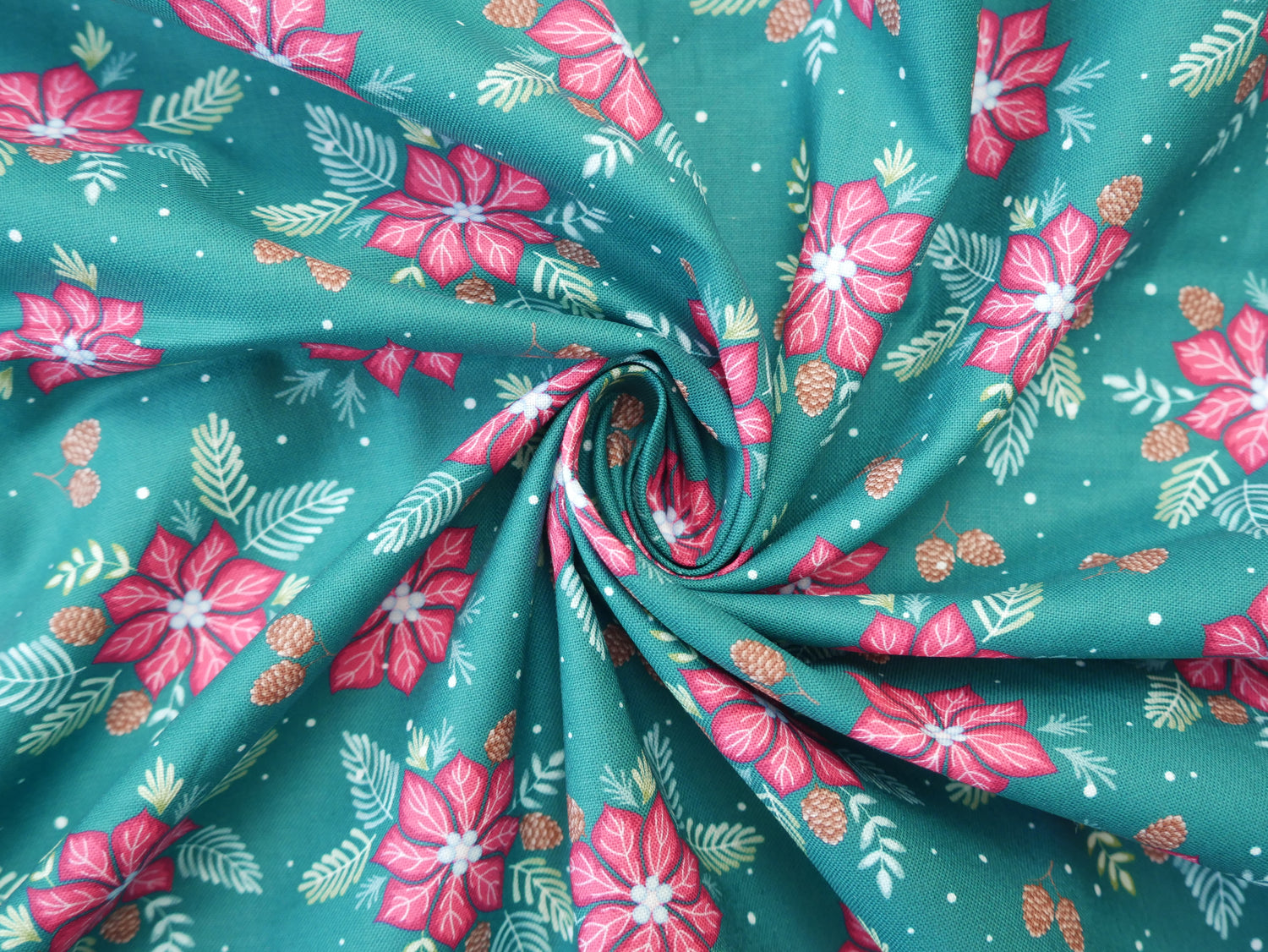 Jewelled Christmas Printed Cotton, Poinsettia Pine, £7.50 p/m-Cotton Fabric-Flying Bobbins Haberdashery