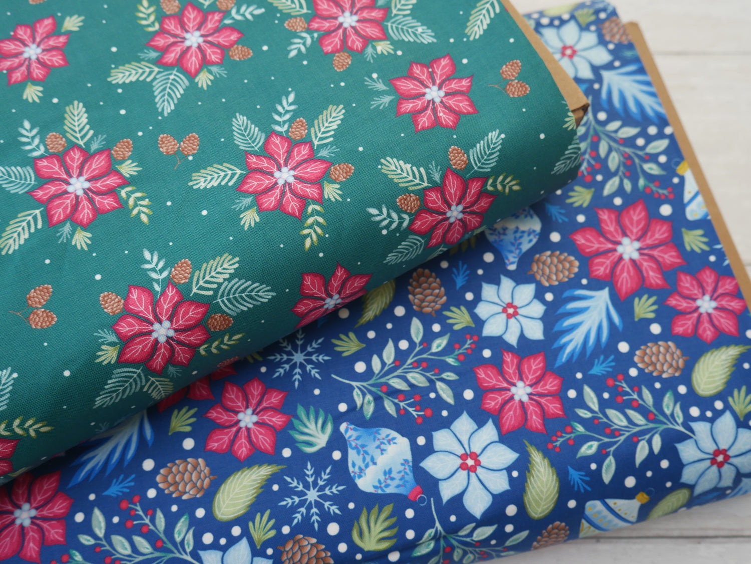 Jewelled Christmas Printed Cotton, Poinsettia Pine, £7.50 p/m-Cotton Fabric-Flying Bobbins Haberdashery