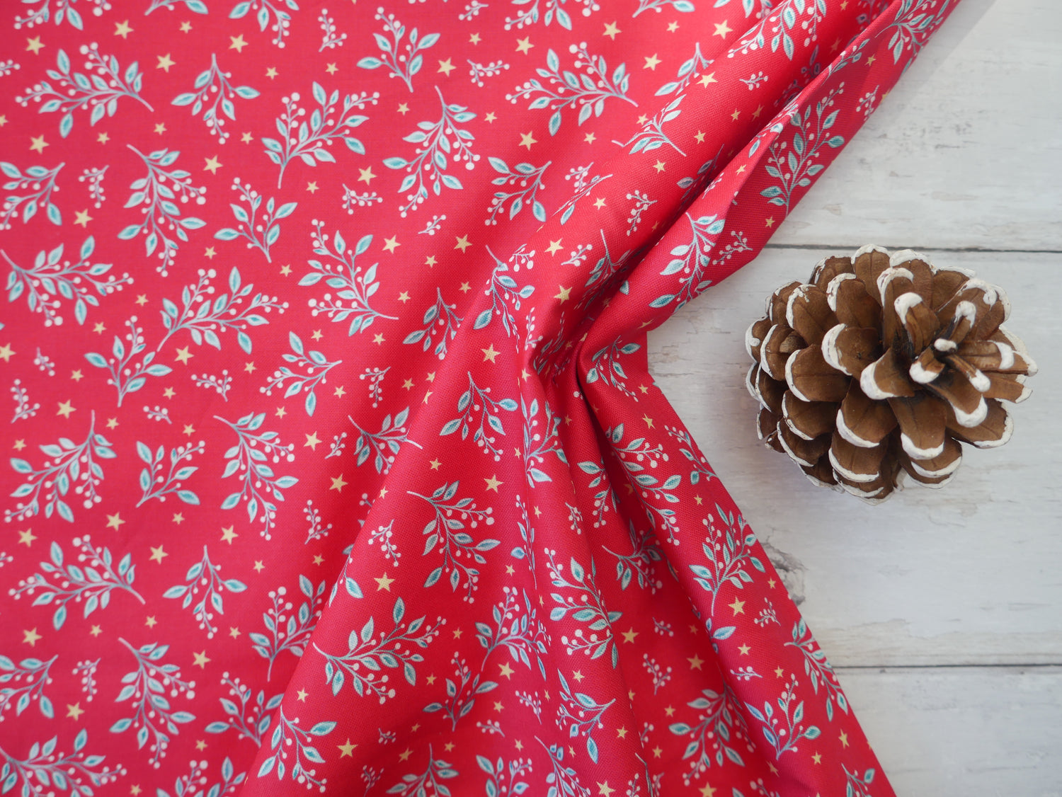 Jewelled Christmas Printed Cotton, Berry Mistletoe, £7.50 p/m-Cotton Fabric-Flying Bobbins Haberdashery