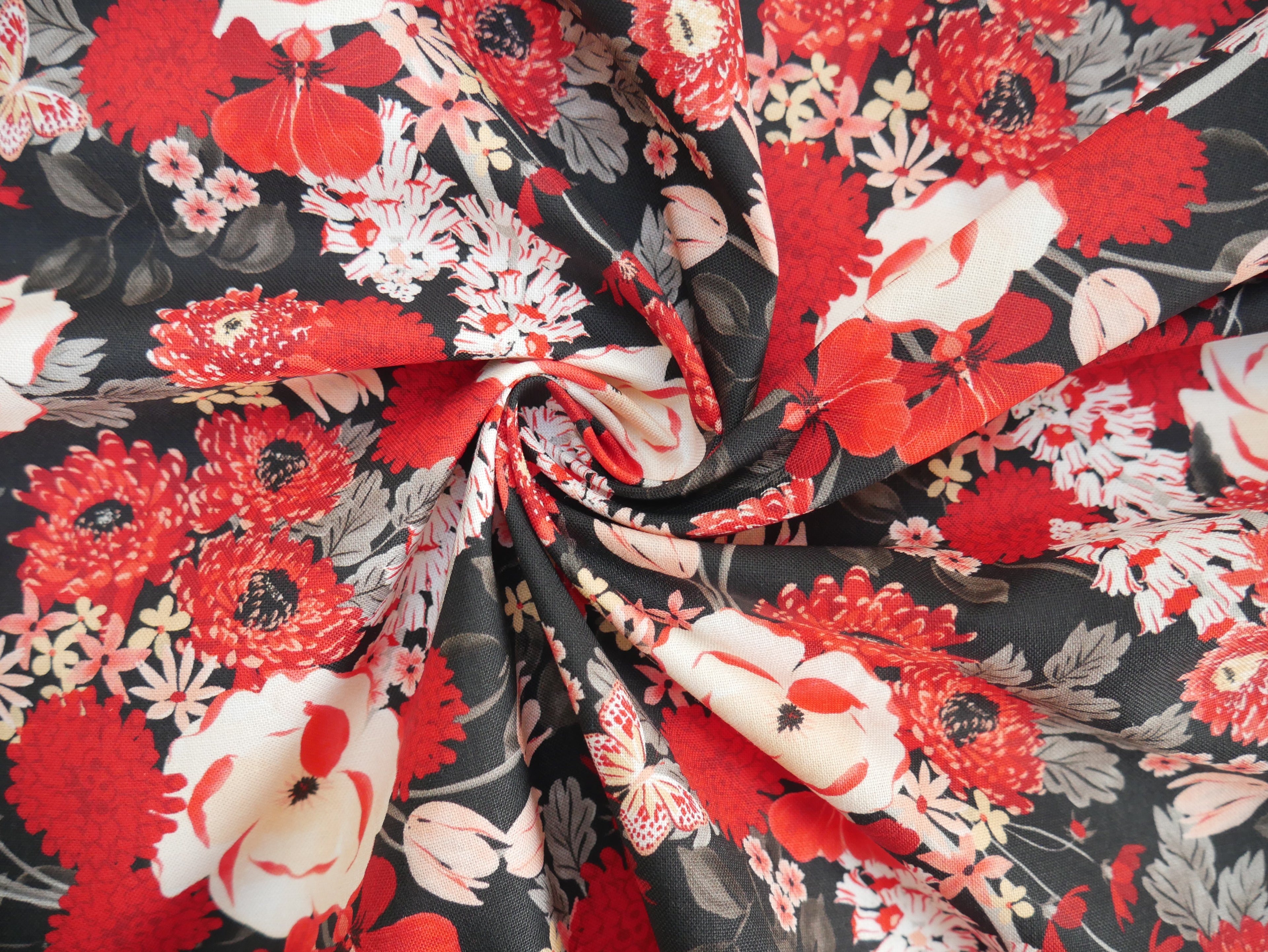 Blooms & Bows Printed Cotton by Camelot - Flourishing Blooms in Black-Cotton Fabric-Flying Bobbins Haberdashery