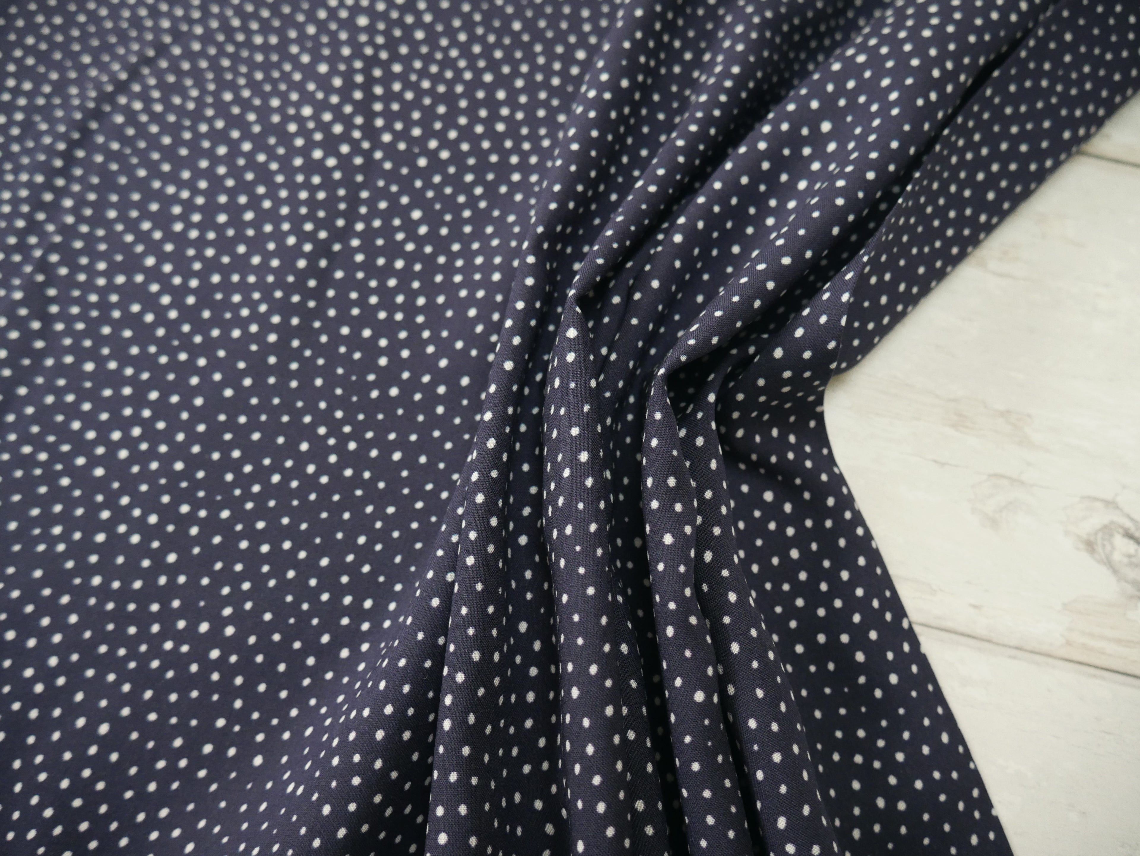 Lady McElroy Raining Dots Viscose Challis Lawn in Navy-Viscose Challis-Flying Bobbins Haberdashery