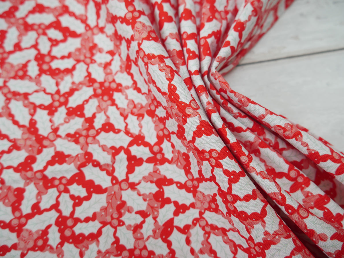 Baubles & Bows Printed Cotton, Festive Holly, £7.80 p/m-Cotton Fabric-Flying Bobbins Haberdashery