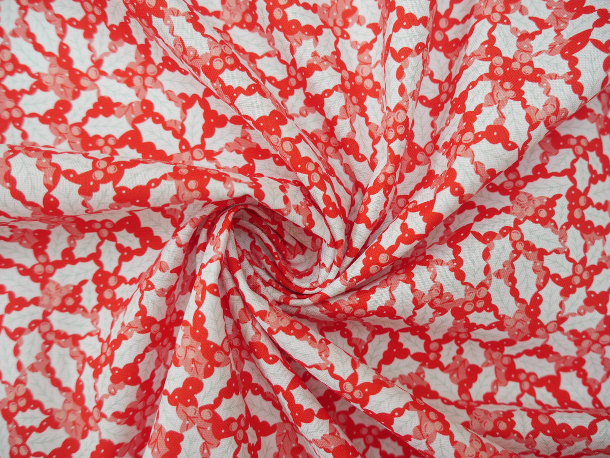 Baubles & Bows Printed Cotton, Festive Holly, £7.80 p/m-Cotton Fabric-Flying Bobbins Haberdashery