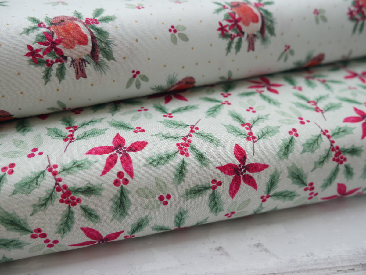 Merry Little Robin Printed Cotton, Redbreast, £7.80 p/m-Cotton Fabric-Flying Bobbins Haberdashery
