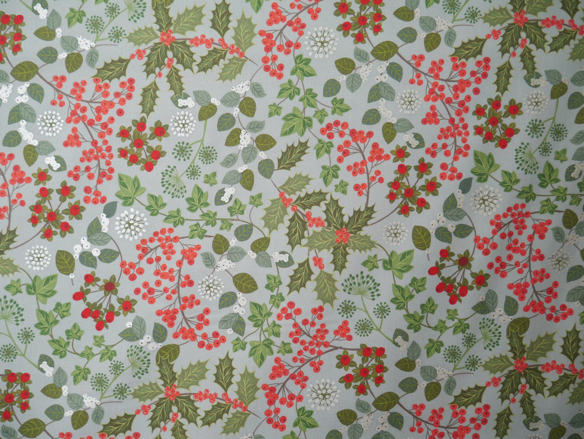 Lewis & Irene Winter Botanicals, Holly & Ivy in Blue Pearl-Cotton Fabric-Flying Bobbins Haberdashery