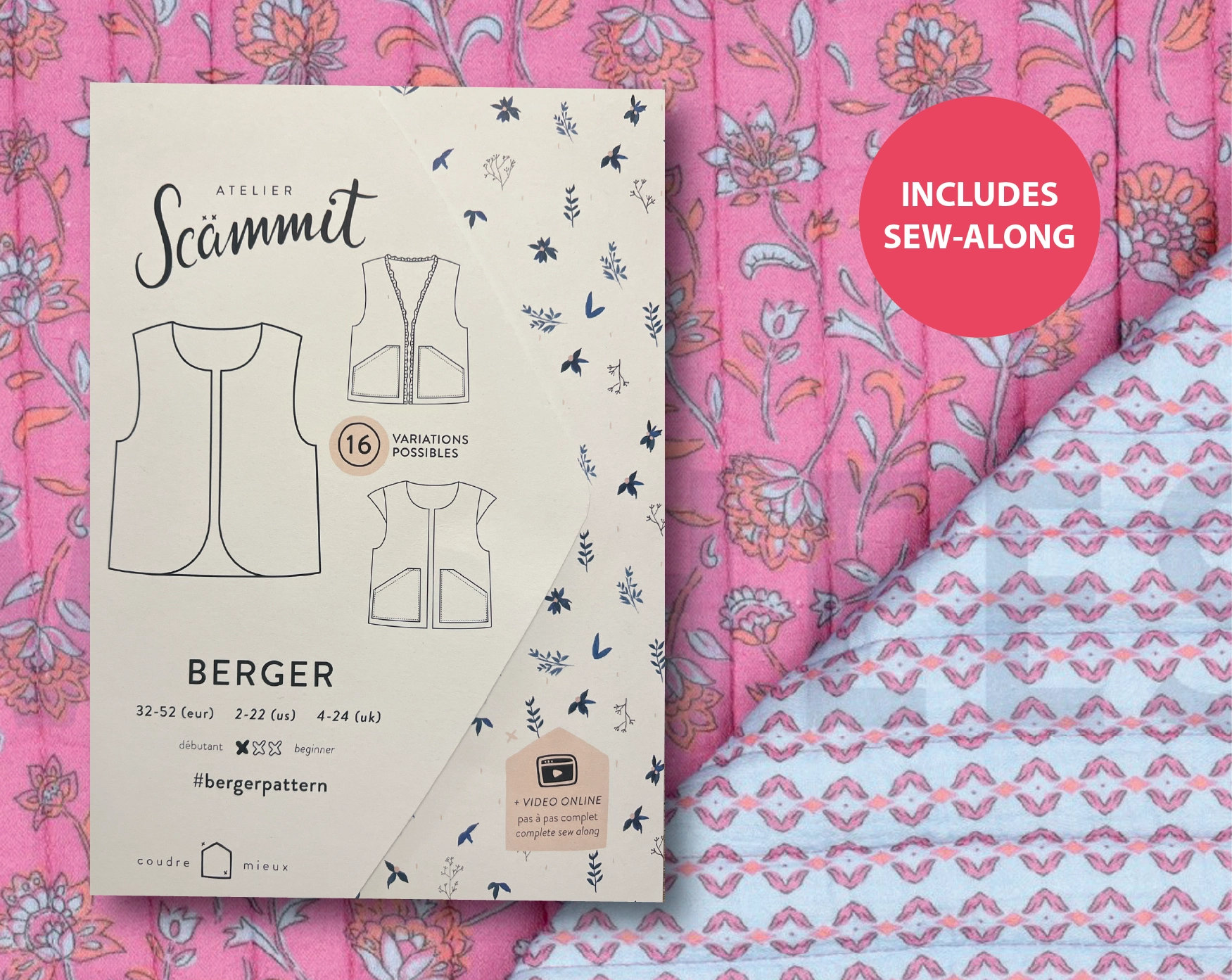 Berger Gilet Kit - Quilted Cotton in Pink/Sky-Sewing Kit-Flying Bobbins Haberdashery