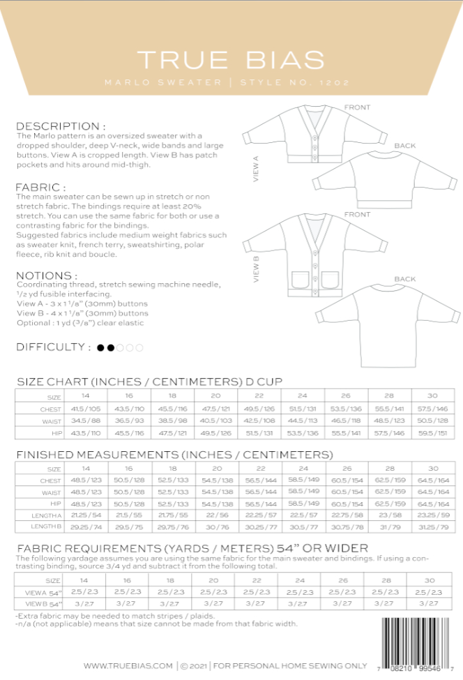 True Bias Marlo Sweater, Curve Size - Paper Pattern-Pattern-Flying Bobbins Haberdashery