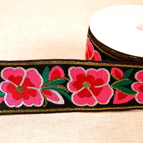 Jacquard Trim - Flowers in Black-Trims-Flying Bobbins Haberdashery