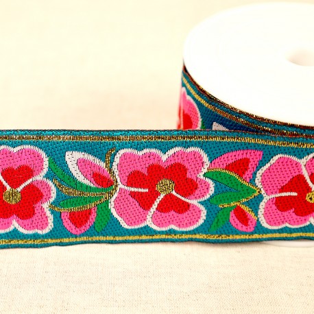 Jacquard Trim - Flowers in Turquoise-Trims-Flying Bobbins Haberdashery