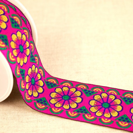 Jacquard Trim - Rosettes in Magenta-Trims-Flying Bobbins Haberdashery