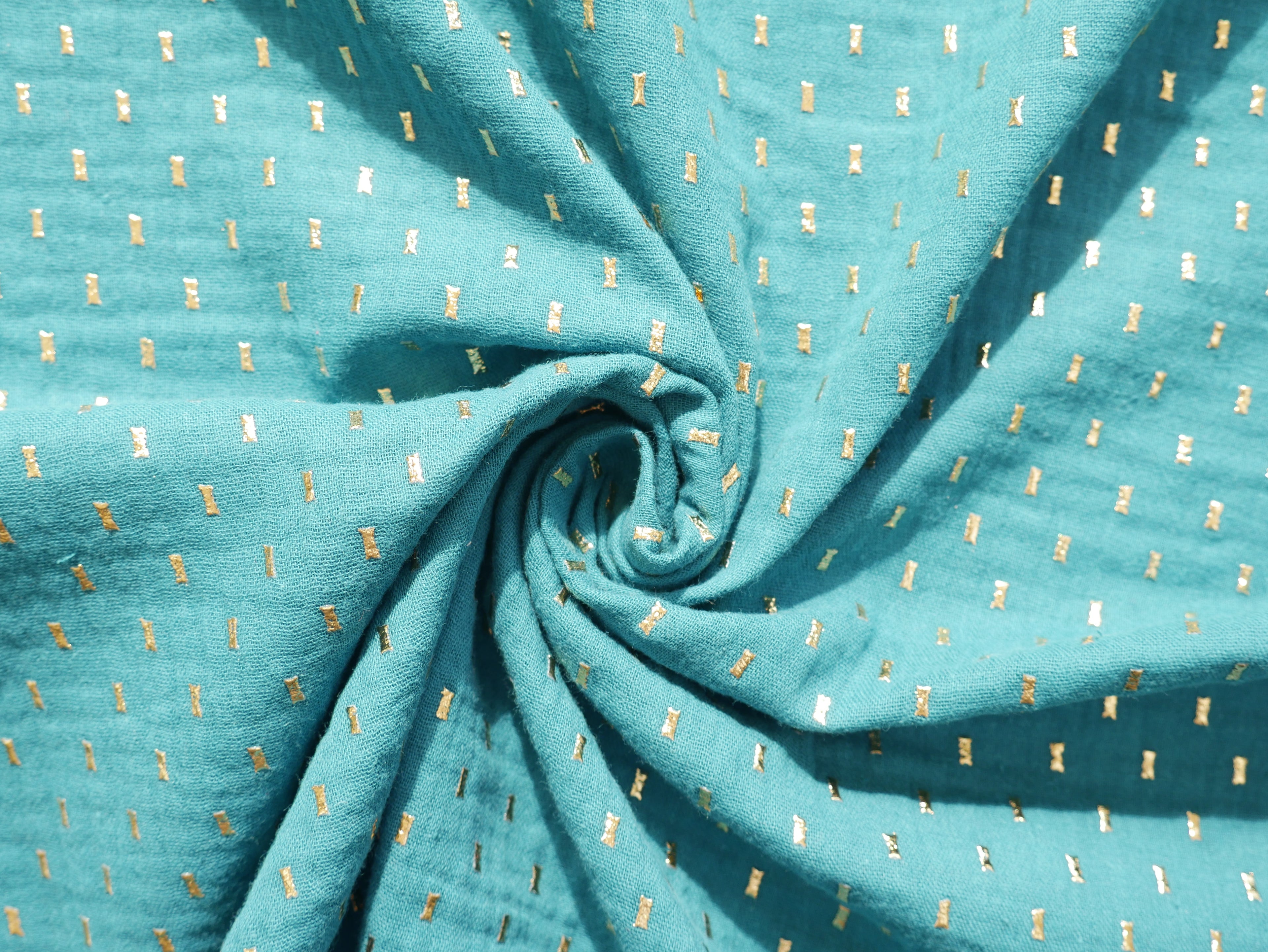 Double Gauze with foil print - Peacock £15 p/m-Fabric-Flying Bobbins Haberdashery