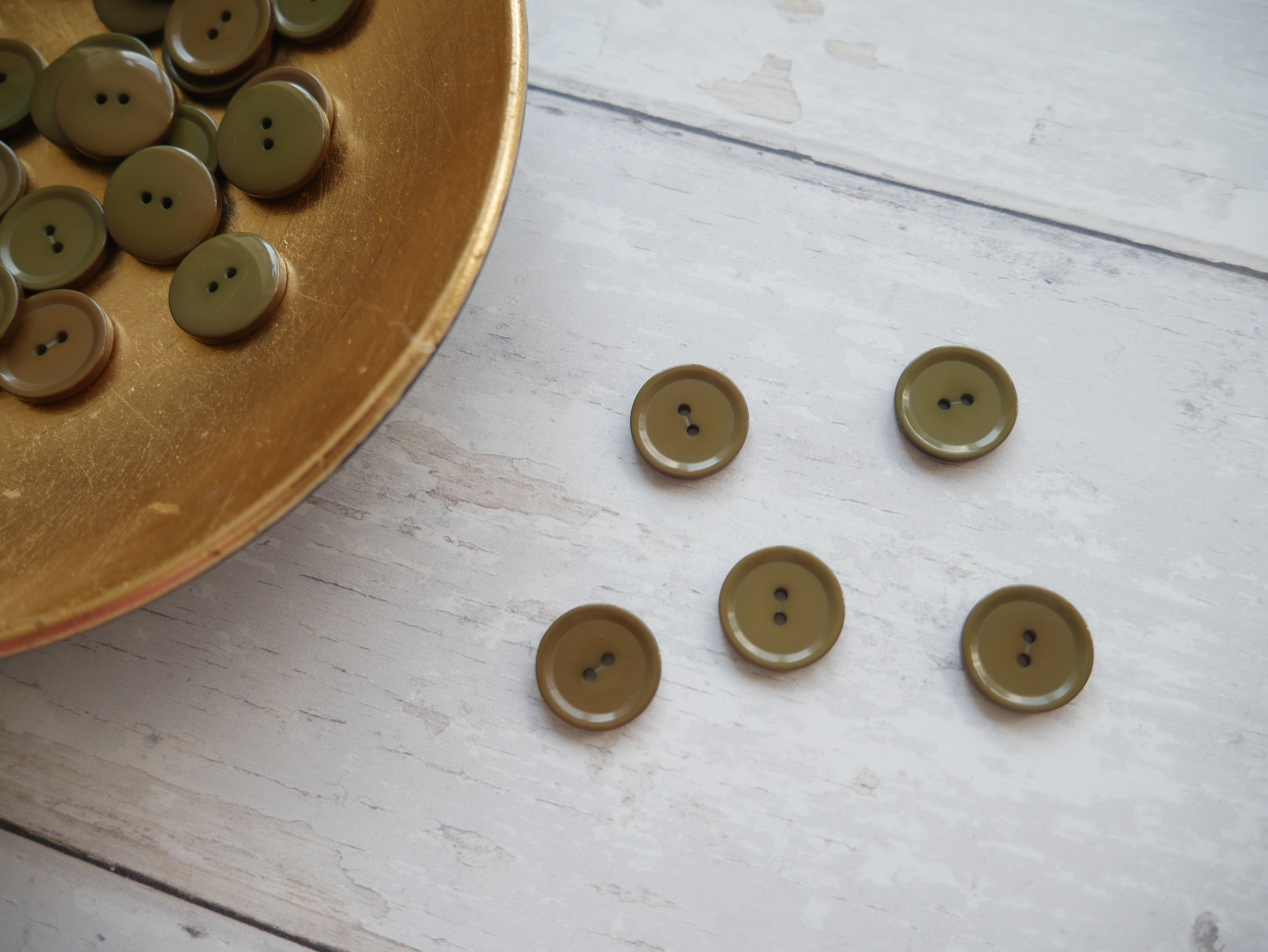 2-Hole 15mm Shine Button in Olive-Button-Flying Bobbins Haberdashery